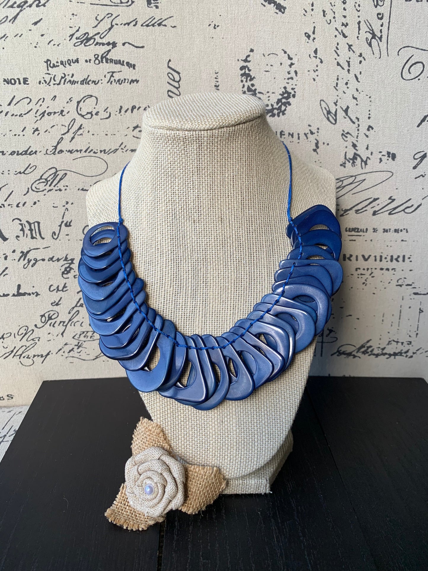 Royal blue Tagua necklace with adjustable cord Christmas gift ideas Chunky link necklace Beach trendy fashion Big bold statement bib