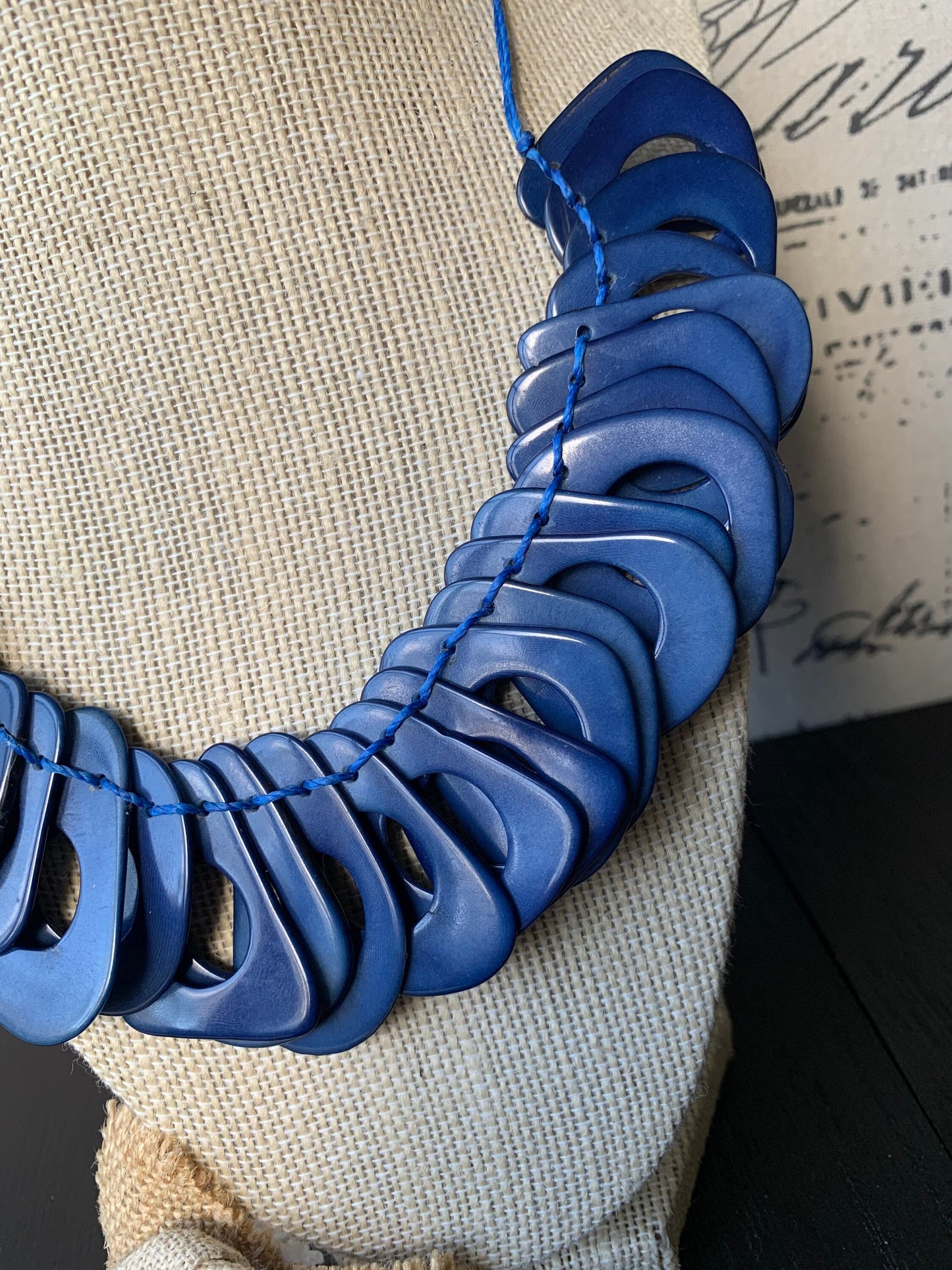 Royal blue Tagua necklace with adjustable cord Christmas gift ideas Chunky link necklace Beach trendy fashion Big bold statement bib