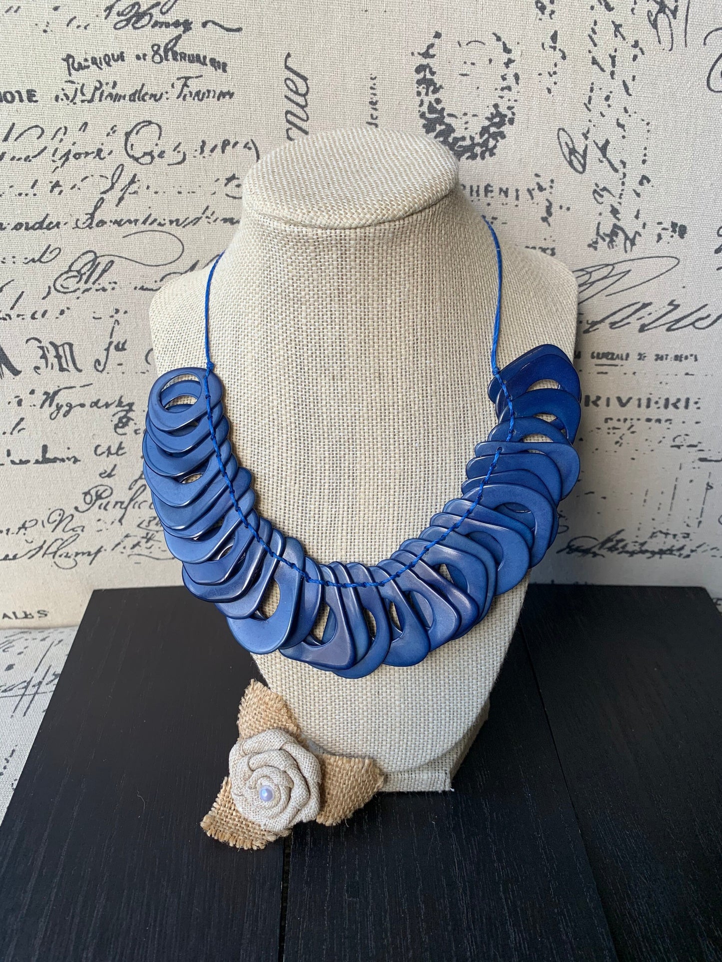 Royal blue Tagua necklace with adjustable cord Christmas gift ideas Chunky link necklace Beach trendy fashion Big bold statement bib