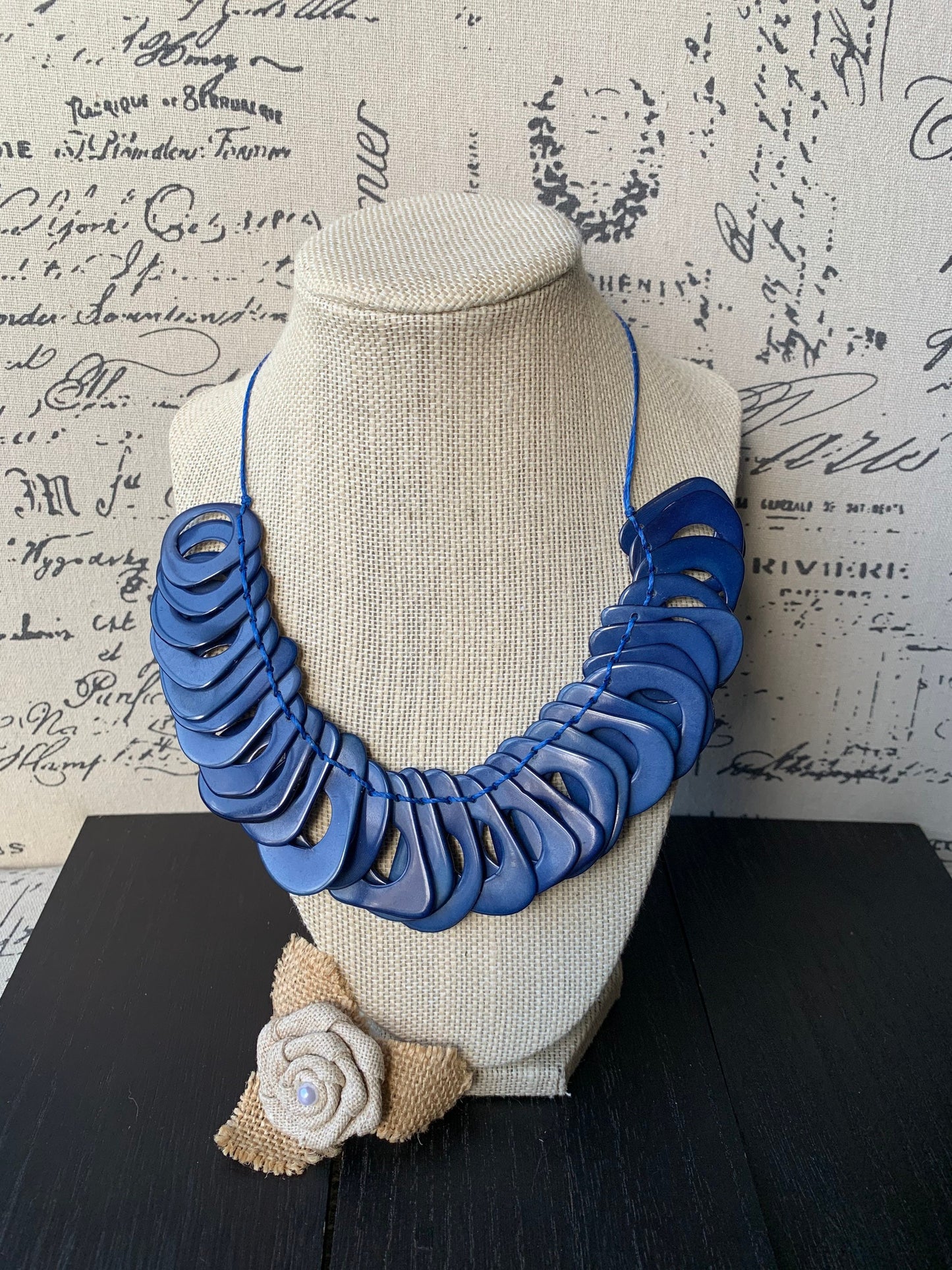 Royal blue Tagua necklace with adjustable cord Christmas gift ideas Chunky link necklace Beach trendy fashion Big bold statement bib