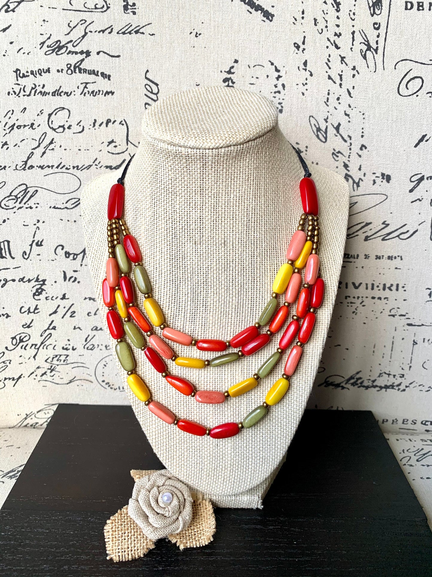 Multicolored adjustable necklace Mother's day gifts Tagua nut necklace 4 Layer necklace with golden accents Statement beaded collar