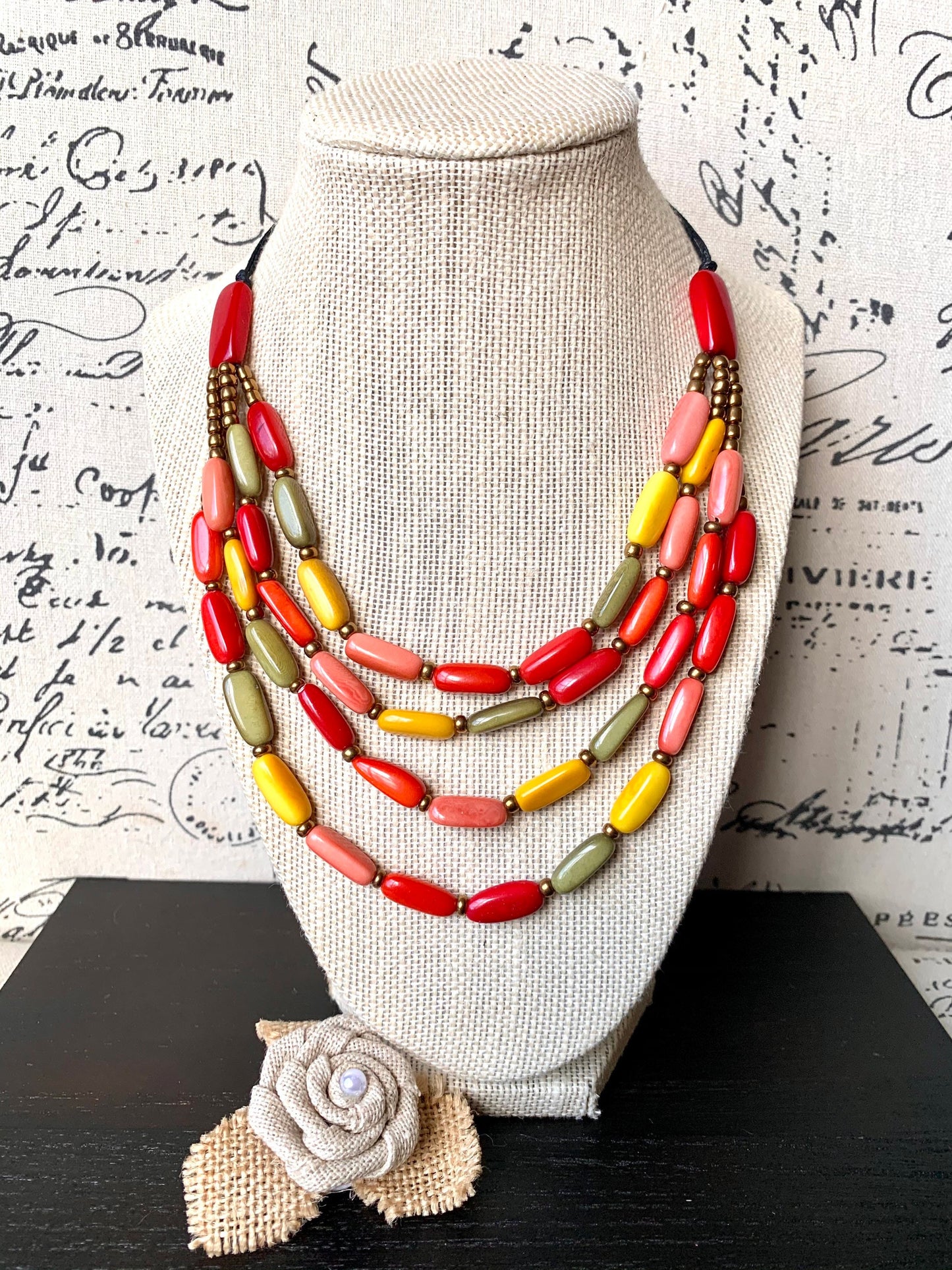 Multicolored adjustable necklace Mother's day gifts Tagua nut necklace 4 Layer necklace with golden accents Statement beaded collar