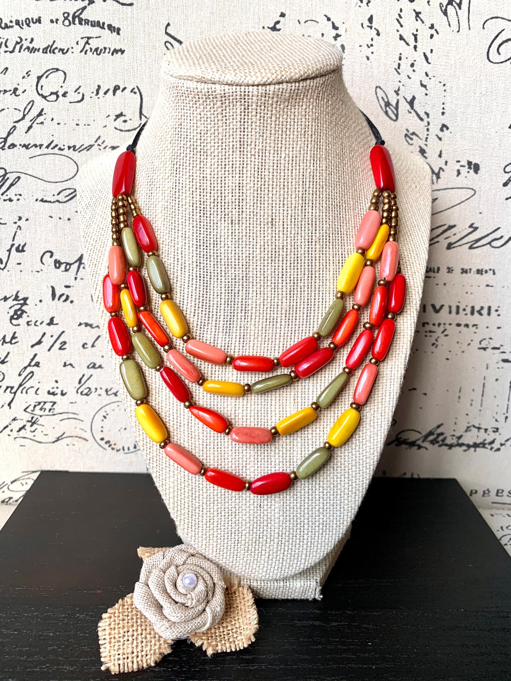 Multicolored adjustable necklace Mother's day gifts Tagua nut necklace 4 Layer necklace with golden accents Statement beaded collar