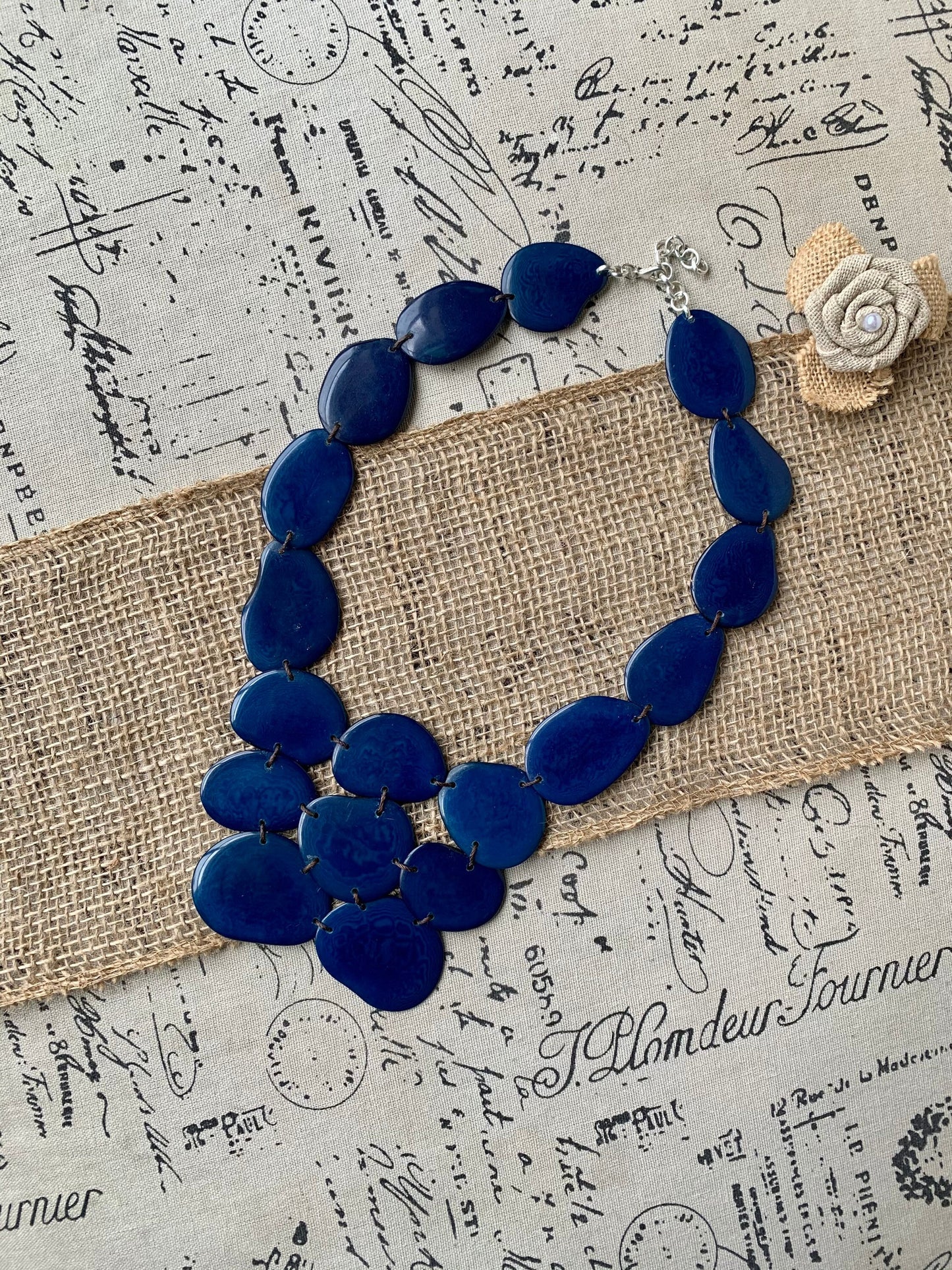 Navy blue beaded necklace Tagua nut jewelry Big bold chunky necklaces Huge statement bib necklace Beach style Winter fashion Gift ideas