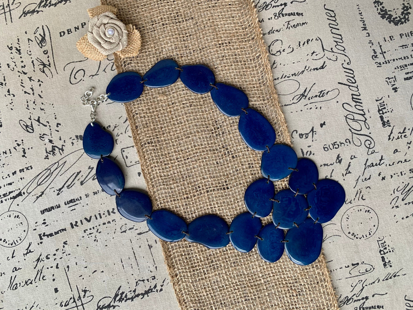 Navy blue beaded necklace Tagua nut jewelry Big bold chunky necklaces Huge statement bib necklace Beach style Winter fashion Gift ideas