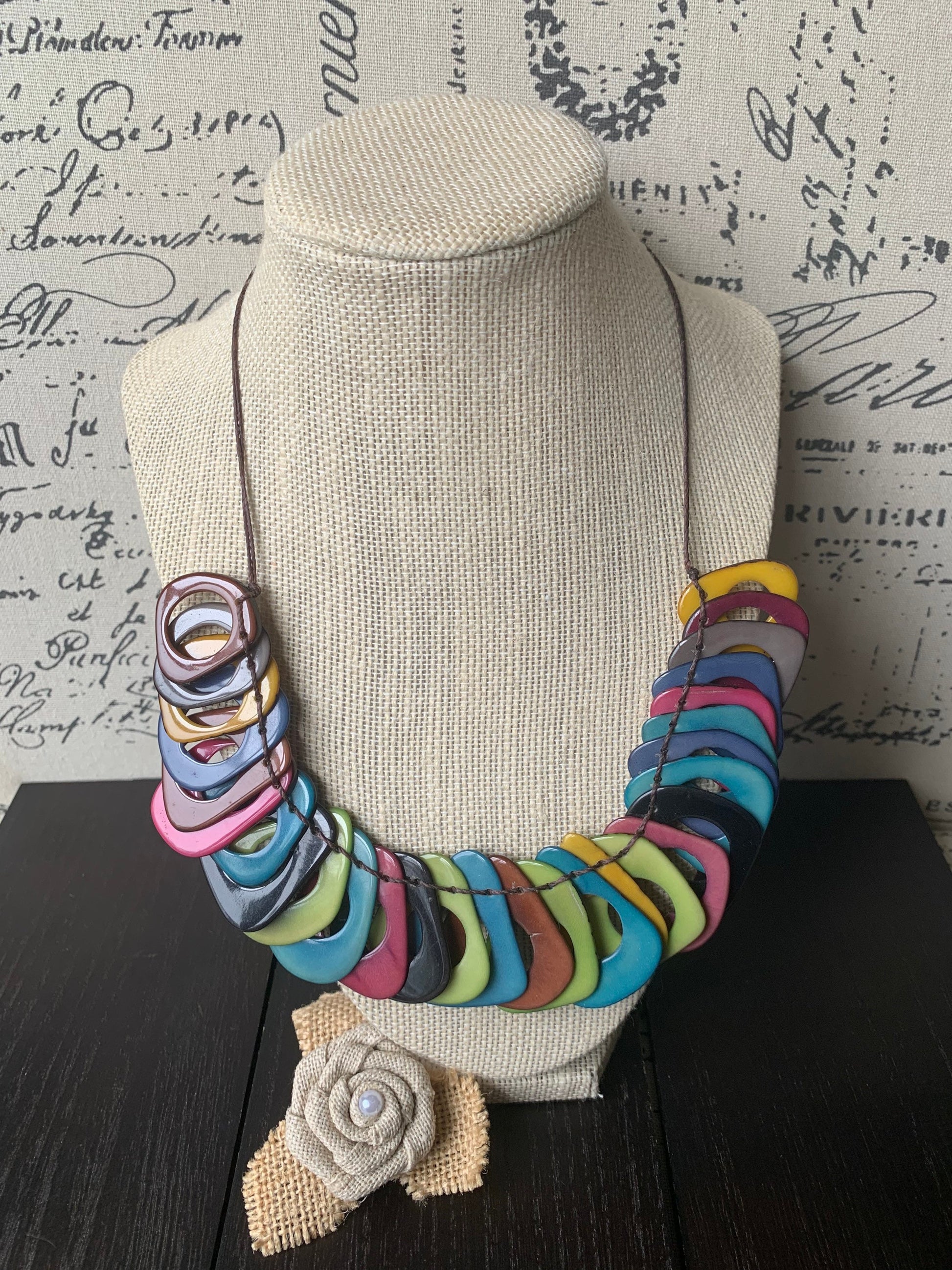 Rainbow Tagua necklace with adjustable cord Mother’s Day gifts for mom Chunky beaded necklace Sunmer trendy fashion Big bold statement bib