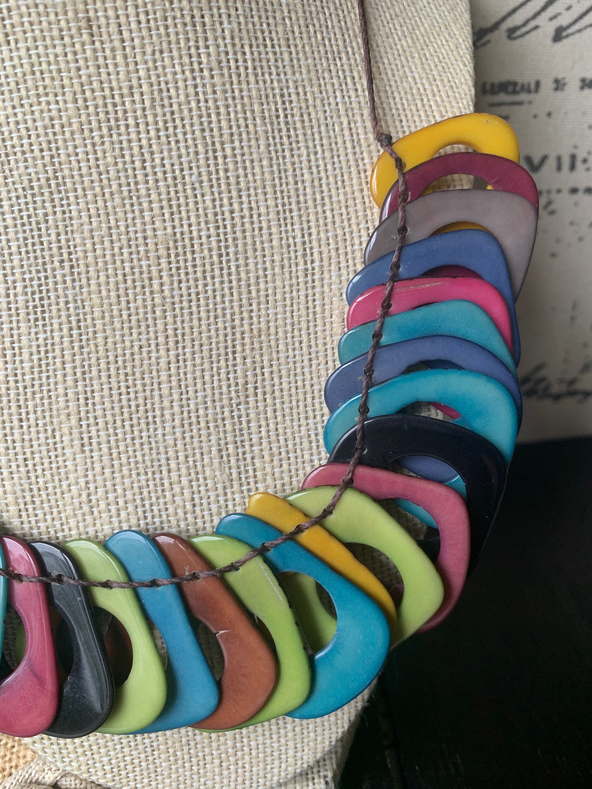 Rainbow Tagua necklace with adjustable cord Mother’s Day gifts for mom Chunky beaded necklace Sunmer trendy fashion Big bold statement bib