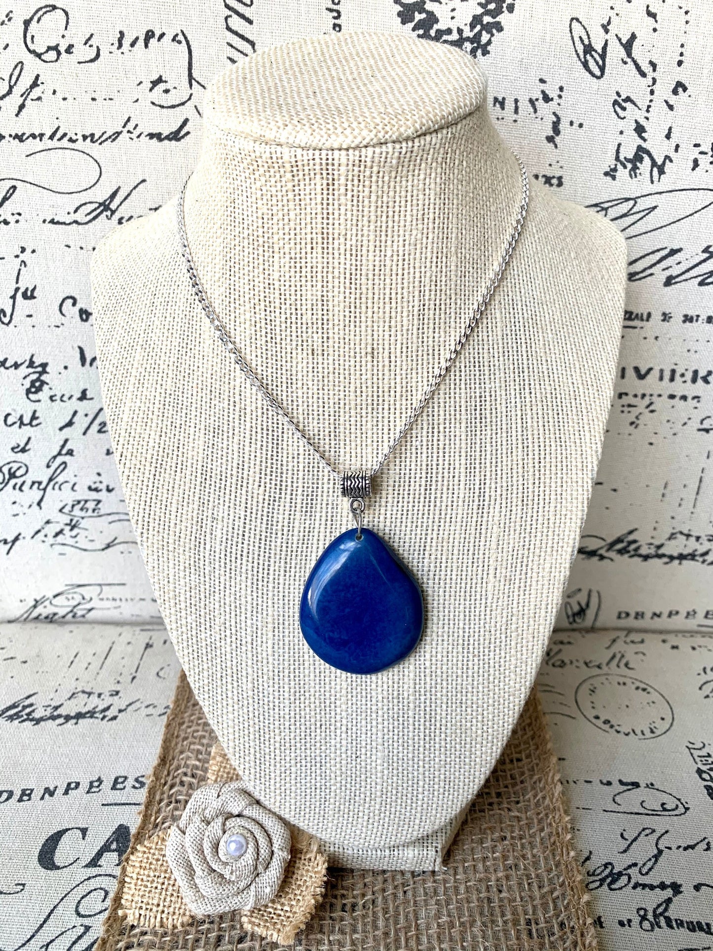 Royal blue Tagua pendant Fashion jewelry Easter basket gift ideas Handmade beaded pendant NO chain Artisan handmade in Ecuador For Spring