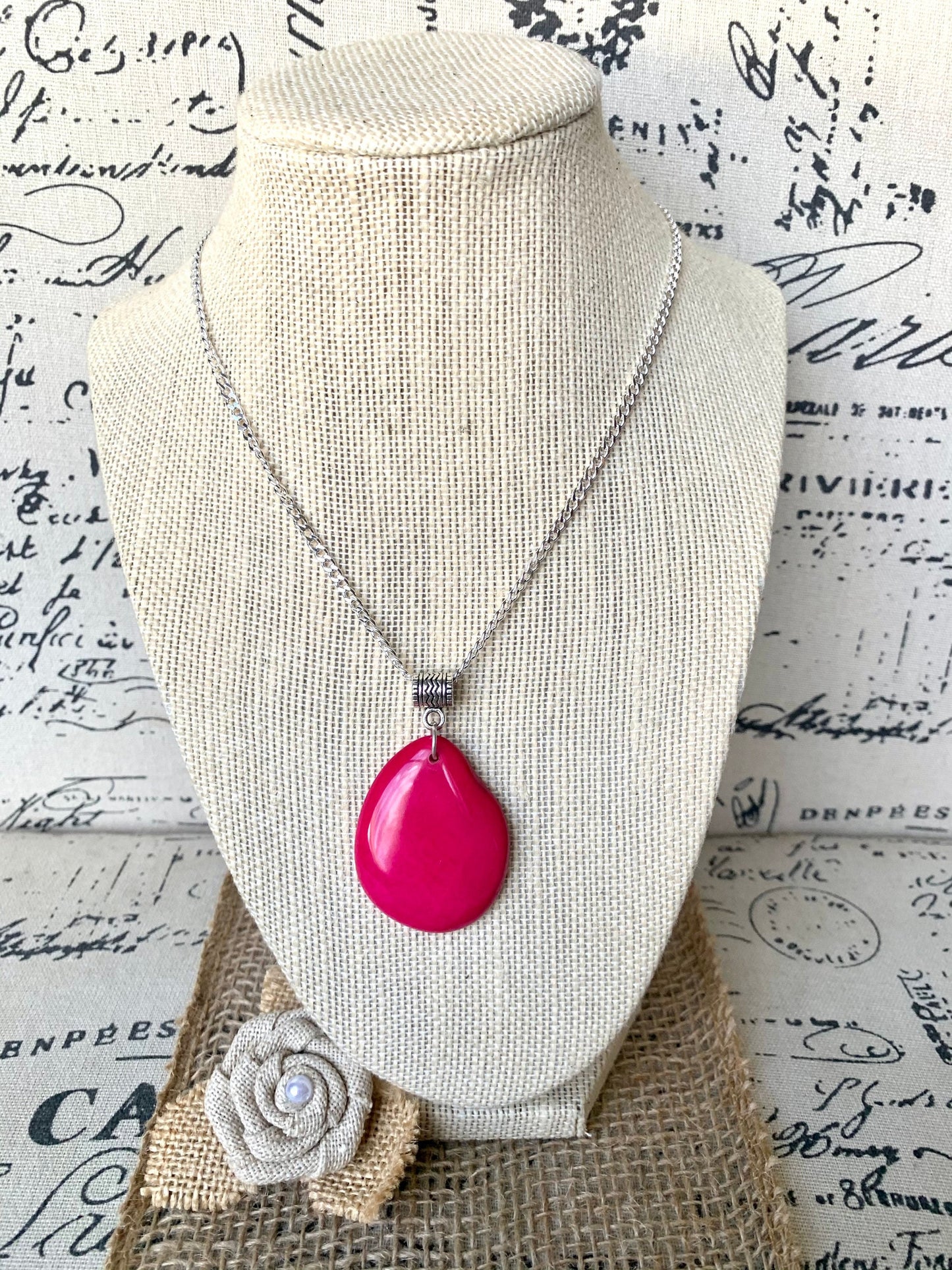 Hot Pink Tagua pendant Mother's day gifts under 10 Fashion jewelry Handmade beaded pendant NO chain Artisan handmade in Ecuador Spring style