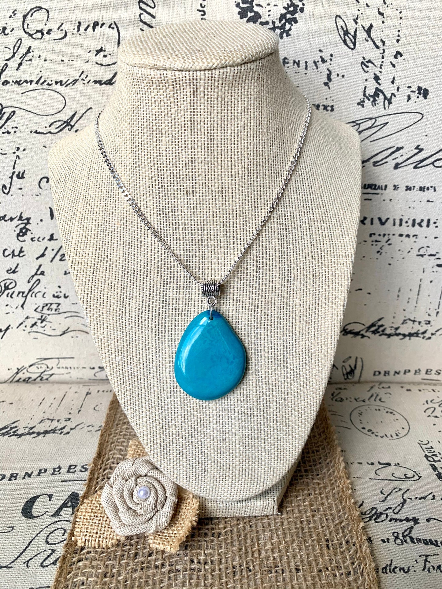 Turquoise blue Tagua pendant Mothers day gift under 10 Fashion jewelry Handmade beaded pendant NO chain Artisan handmade in Ecuador