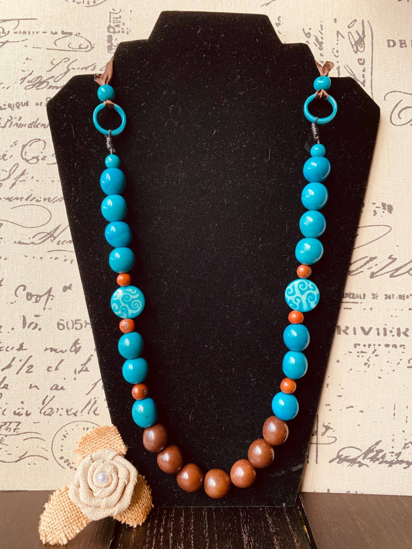 Turquoise blue and brown statement necklace with bubblegum beads Tagua necklace Big bold chunky necklace Spring fashion trends Mother's day
