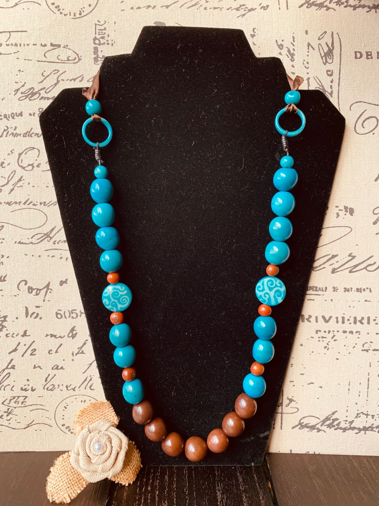 Turquoise blue and brown statement necklace with bubblegum beads Tagua necklace Big bold chunky necklace Spring fashion trends Mother's day