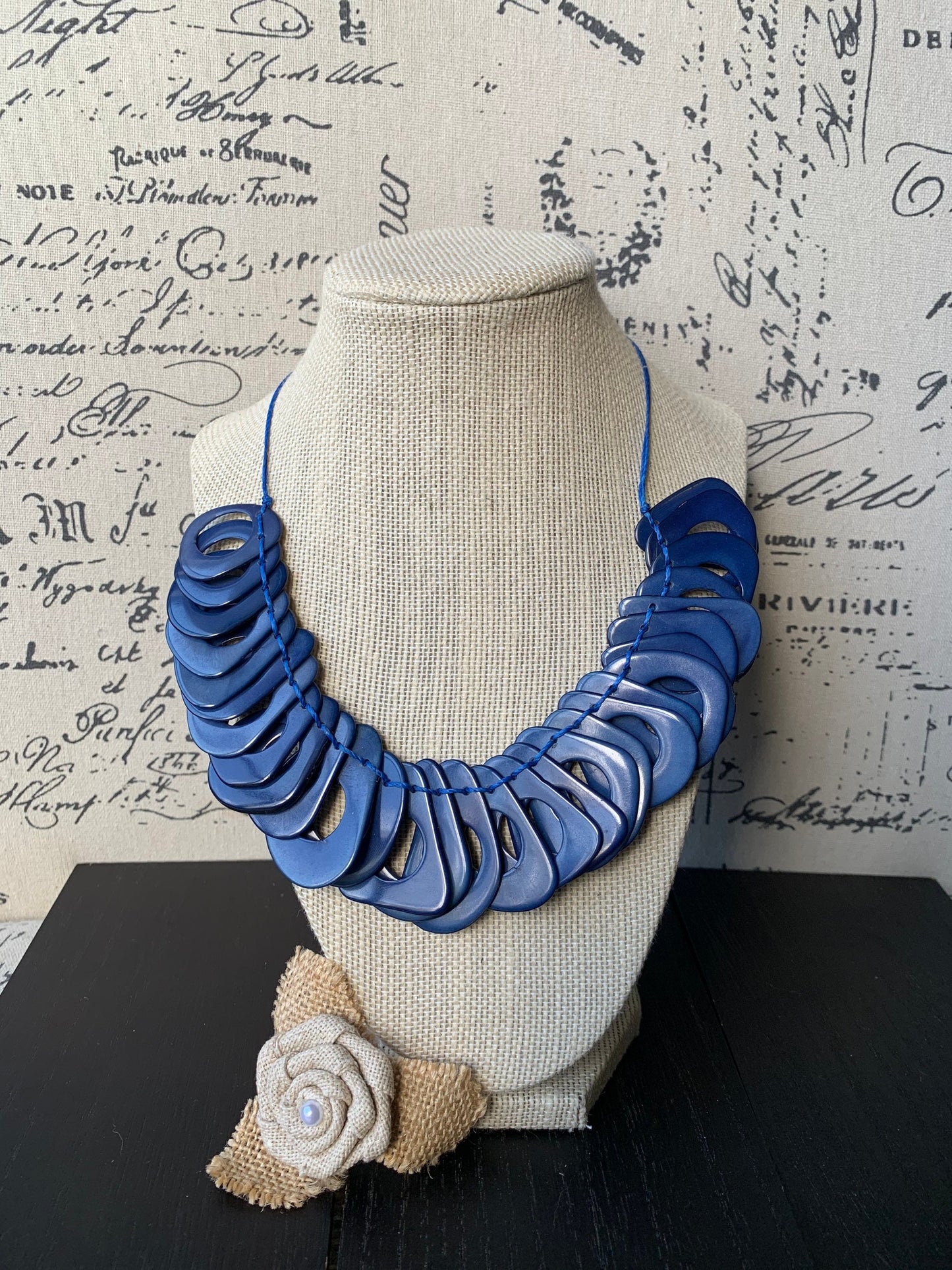 Royal blue Tagua necklace with adjustable cord Christmas gift ideas Chunky link necklace Beach trendy fashion Big bold statement bib