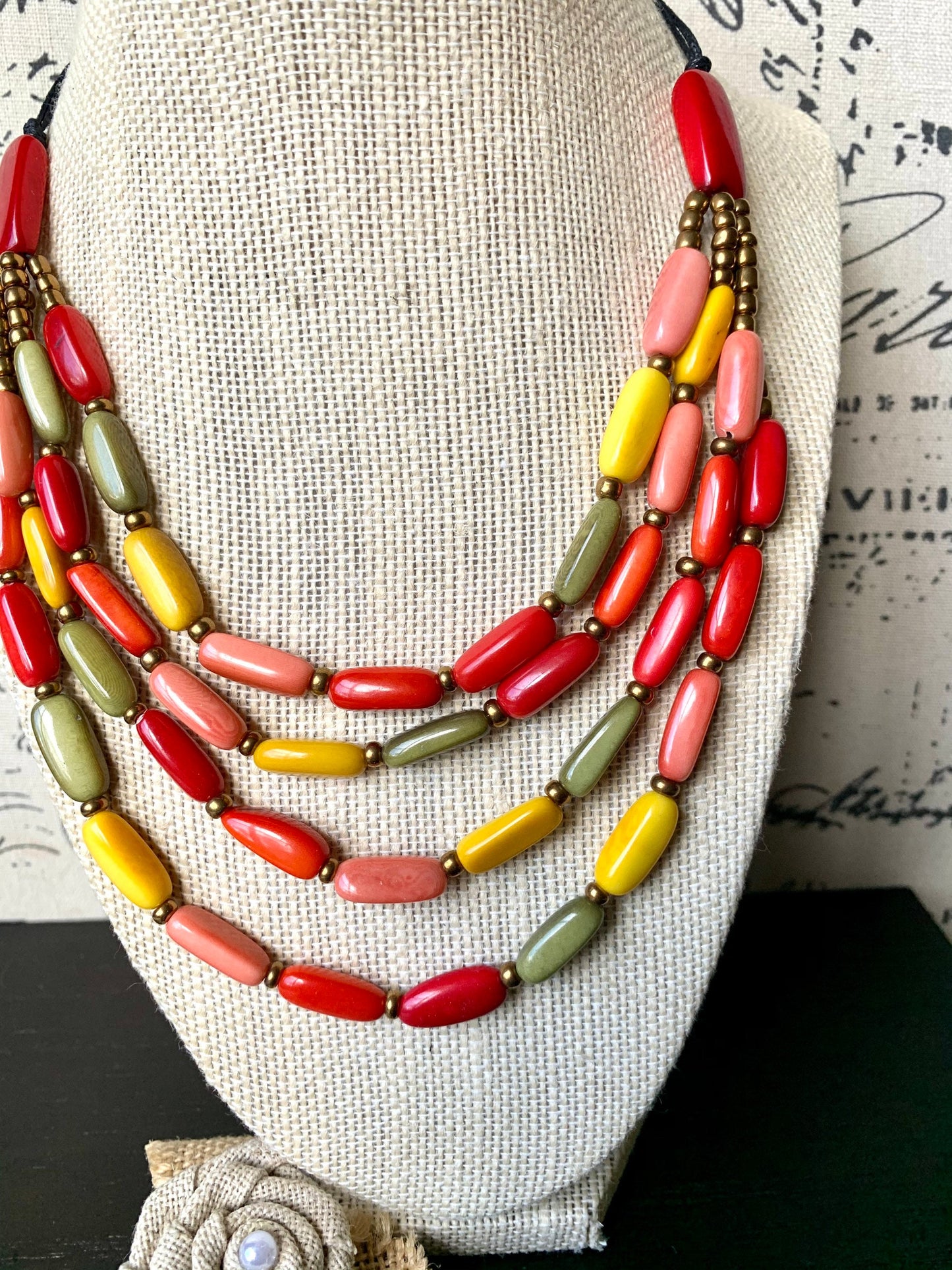Multicolored adjustable necklace Mother's day gifts Tagua nut necklace 4 Layer necklace with golden accents Statement beaded collar