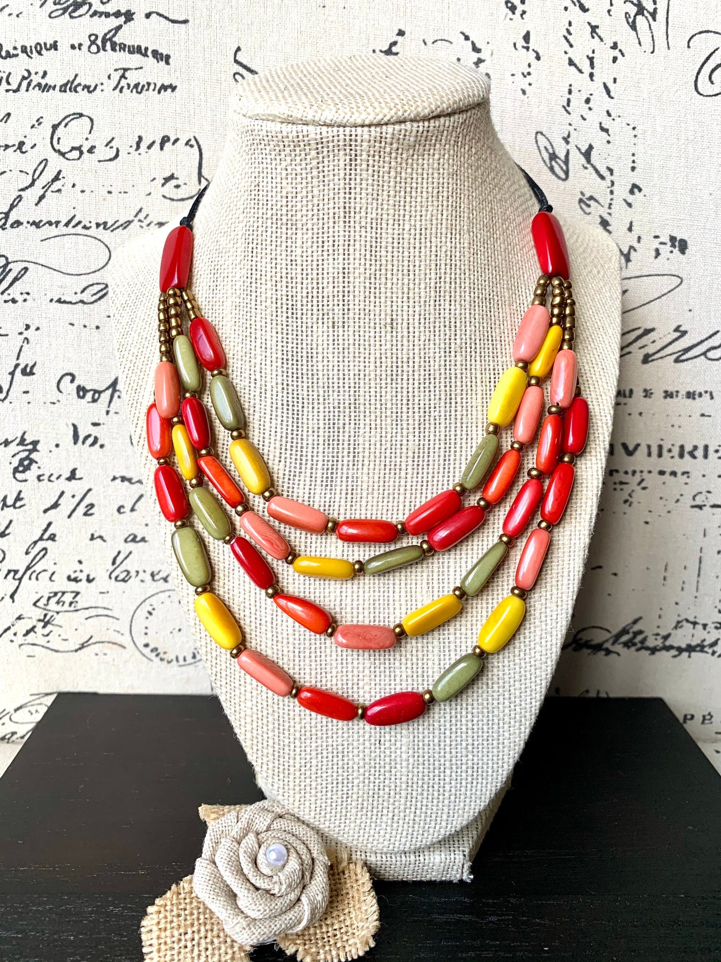 Multicolored adjustable necklace Mother's day gifts Tagua nut necklace 4 Layer necklace with golden accents Statement beaded collar