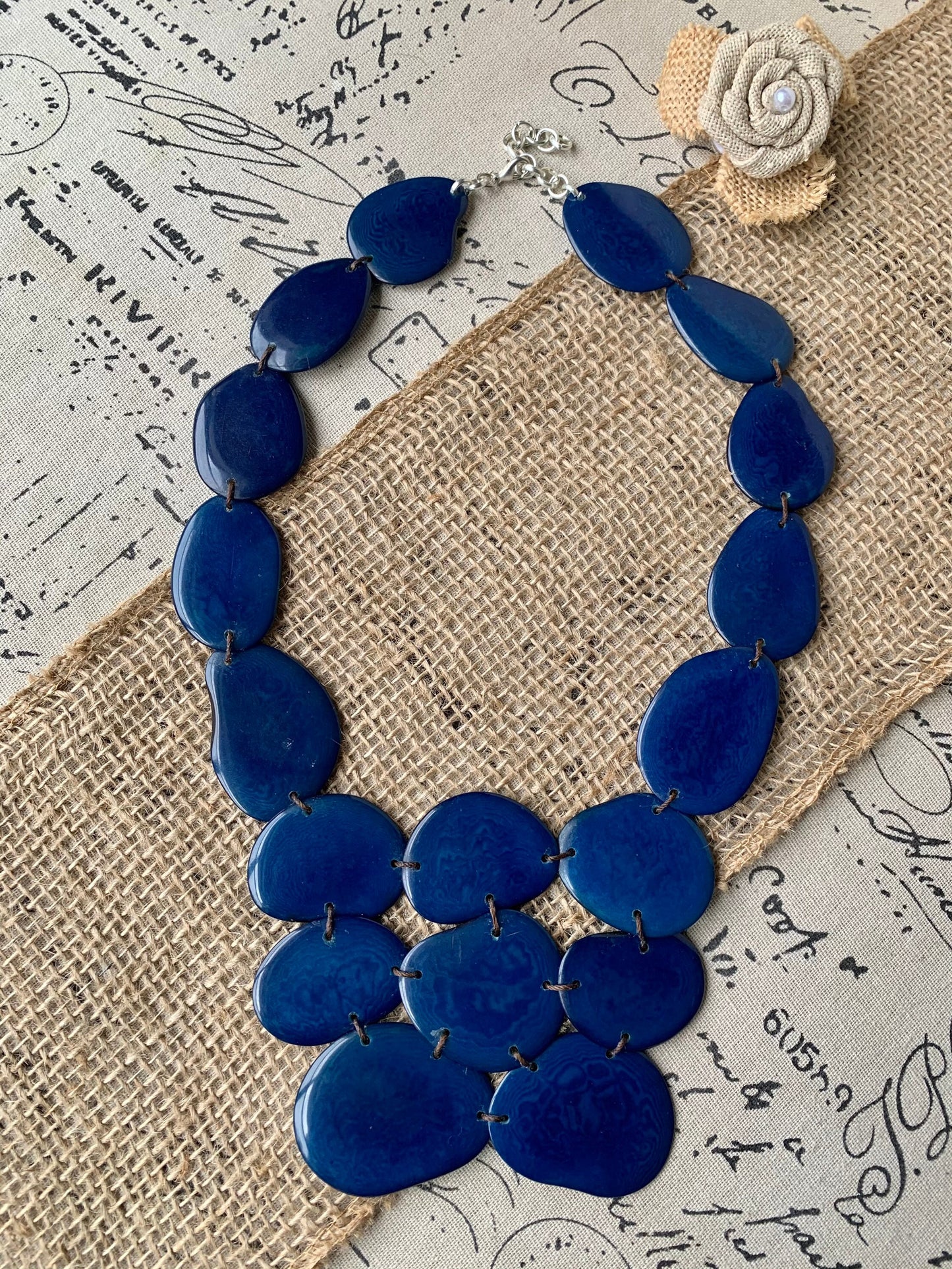 Navy blue beaded necklace Tagua nut jewelry Big bold chunky necklaces Huge statement bib necklace Beach style Winter fashion Gift ideas