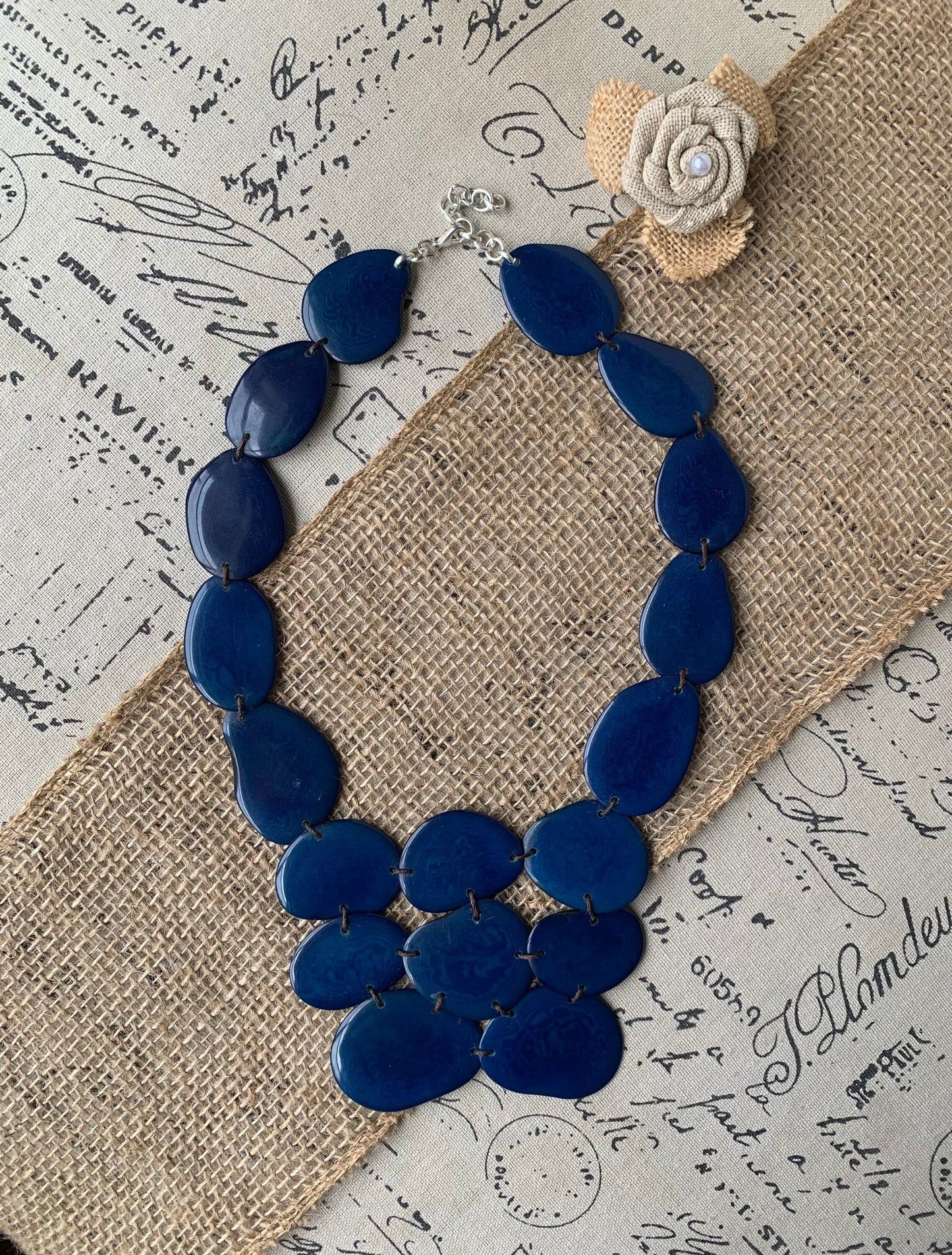 Navy blue beaded necklace Tagua nut jewelry Big bold chunky necklaces Huge statement bib necklace Beach style Winter fashion Gift ideas