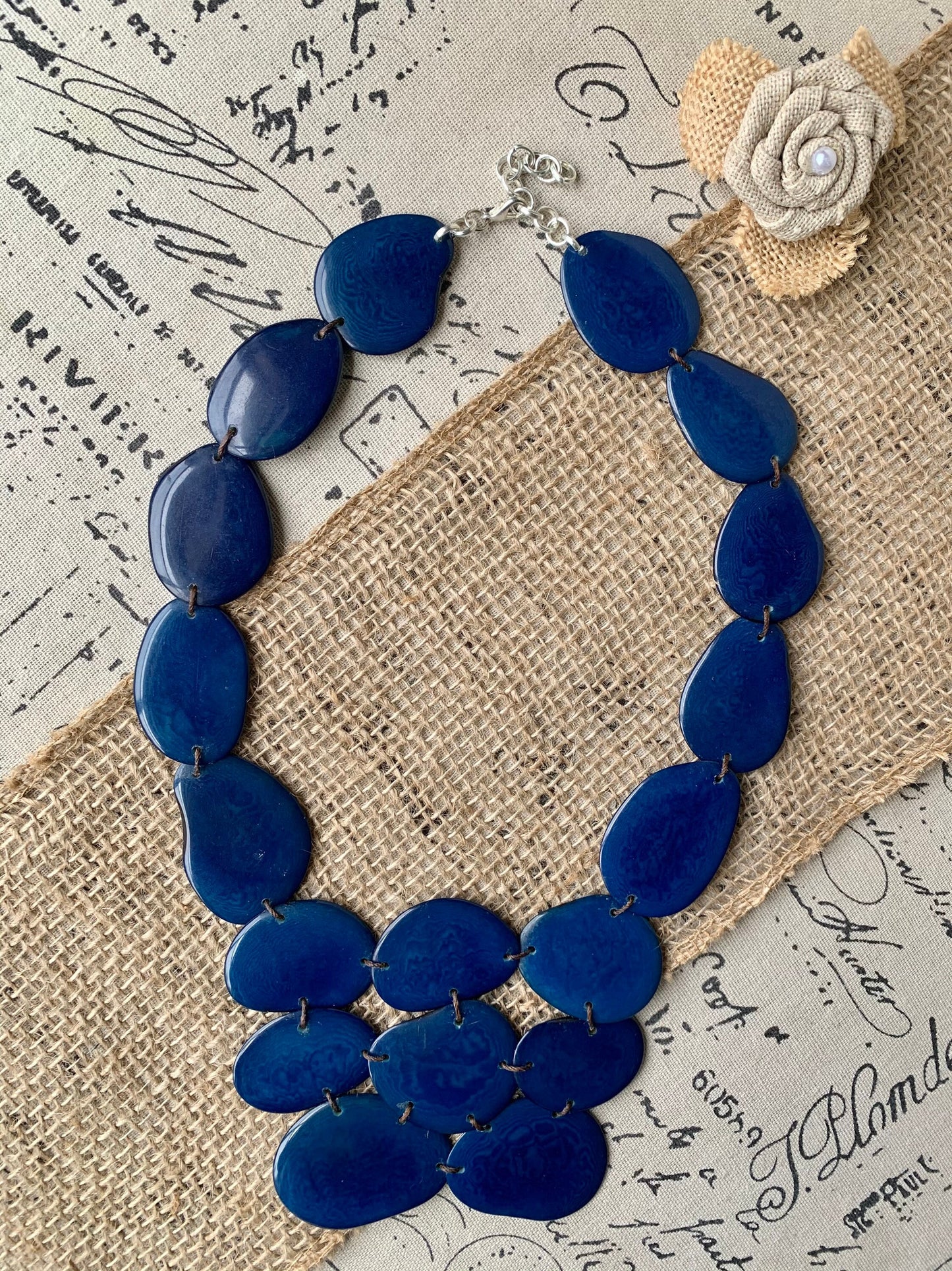 Navy blue beaded necklace Tagua nut jewelry Big bold chunky necklaces Huge statement bib necklace Beach style Winter fashion Gift ideas