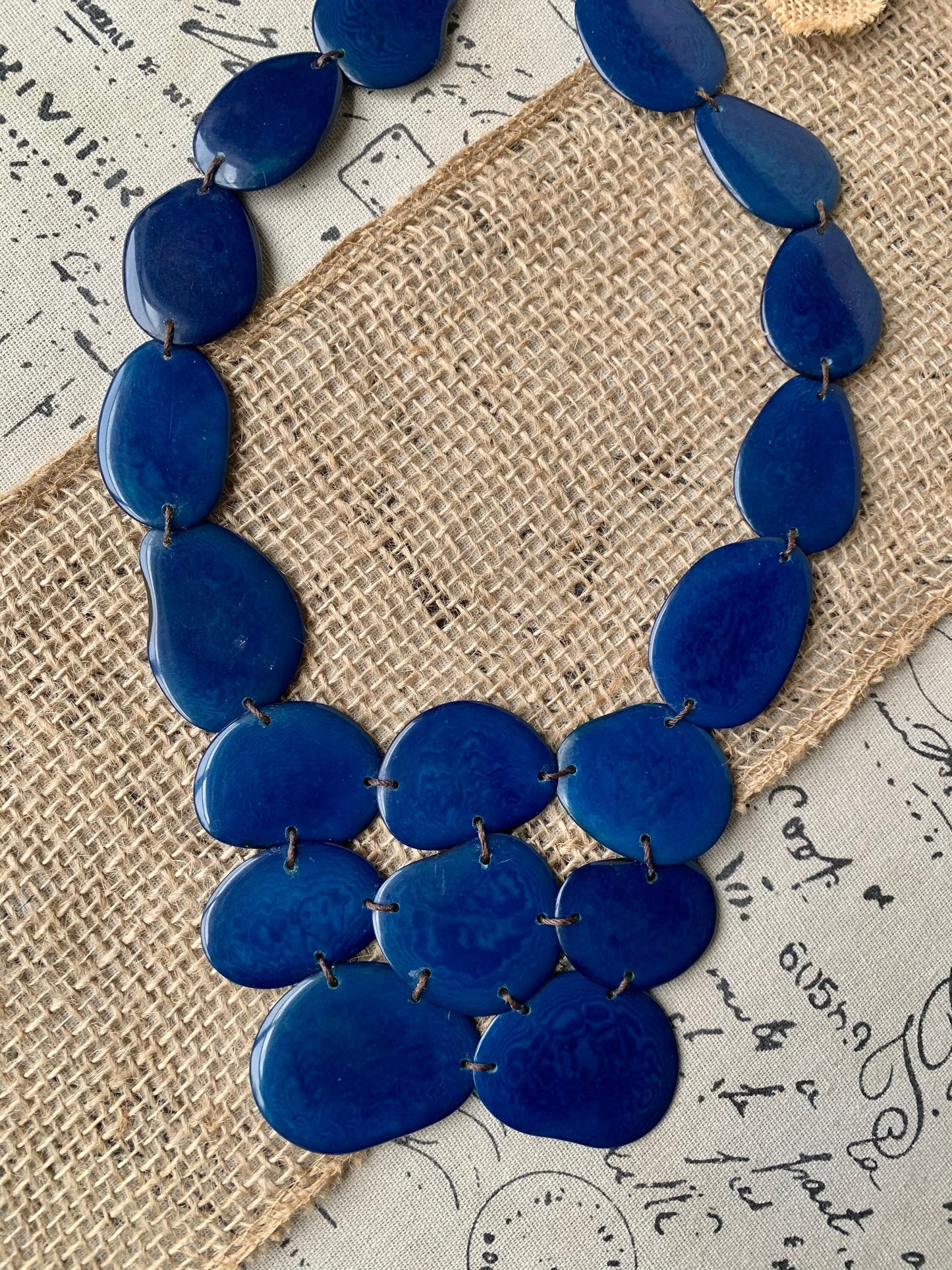 Navy blue beaded necklace Tagua nut jewelry Big bold chunky necklaces Huge statement bib necklace Beach style Winter fashion Gift ideas