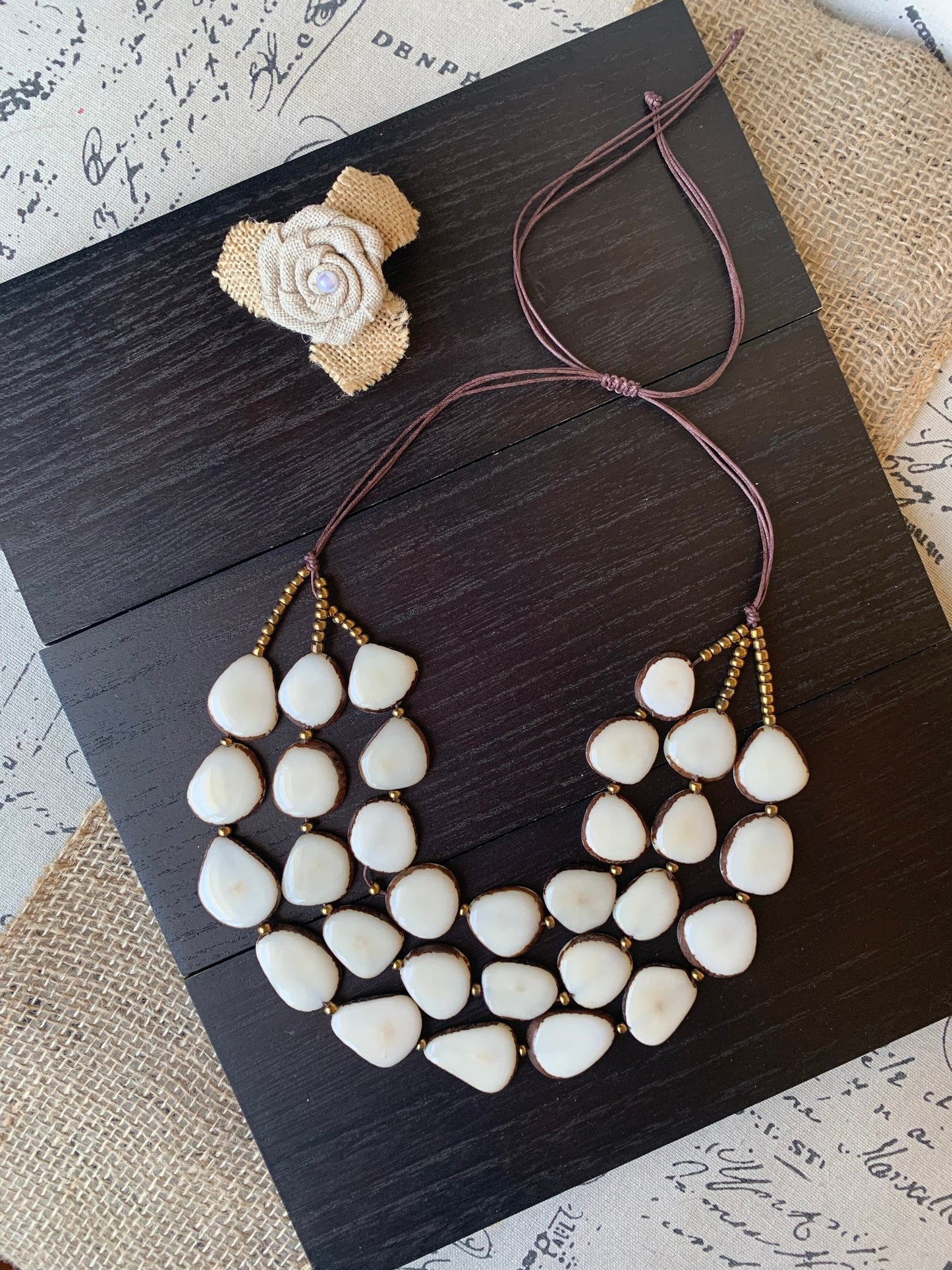 Ivory white fashion triple layer necklace Tagua jewelry 14 year wedding anniversary gift Big bold chunky necklace 3 strands adjustable