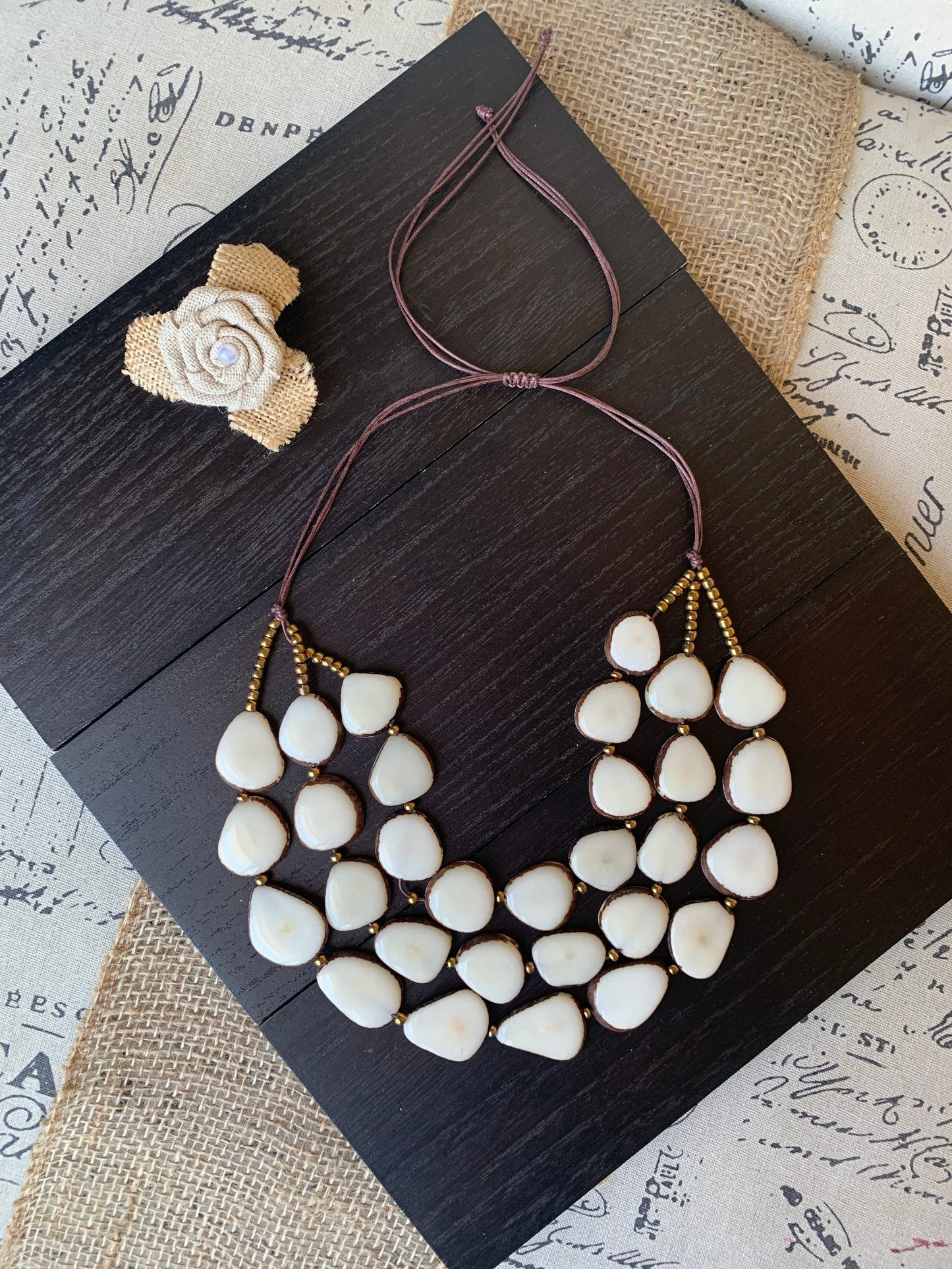 Ivory white fashion triple layer necklace Tagua jewelry 14 year wedding anniversary gift Big bold chunky necklace 3 strands adjustable
