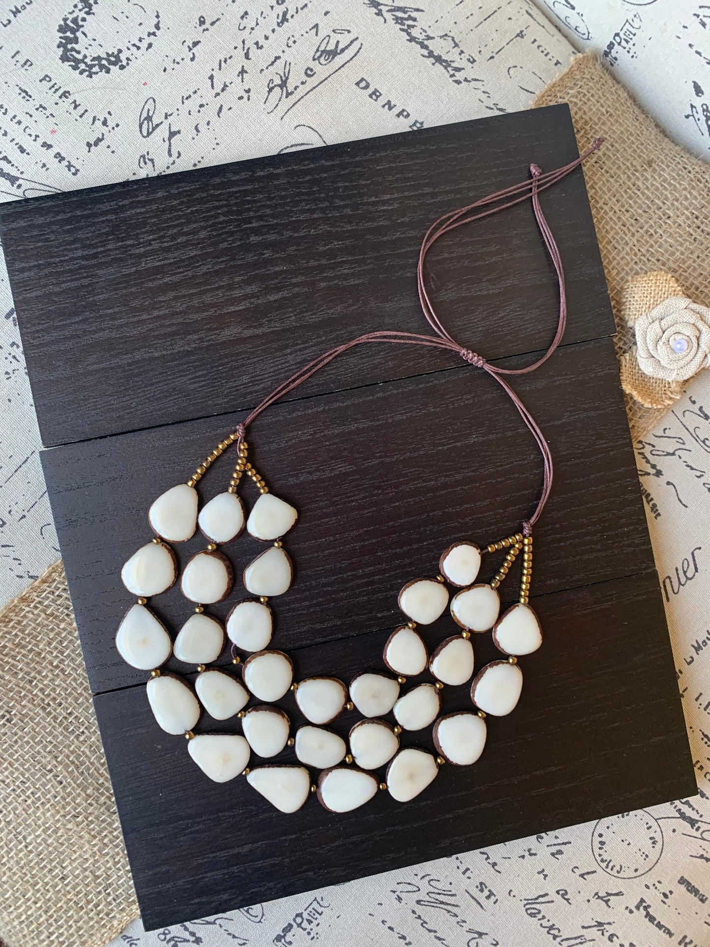 Ivory white fashion triple layer necklace Tagua jewelry 14 year wedding anniversary gift Big bold chunky necklace 3 strands adjustable