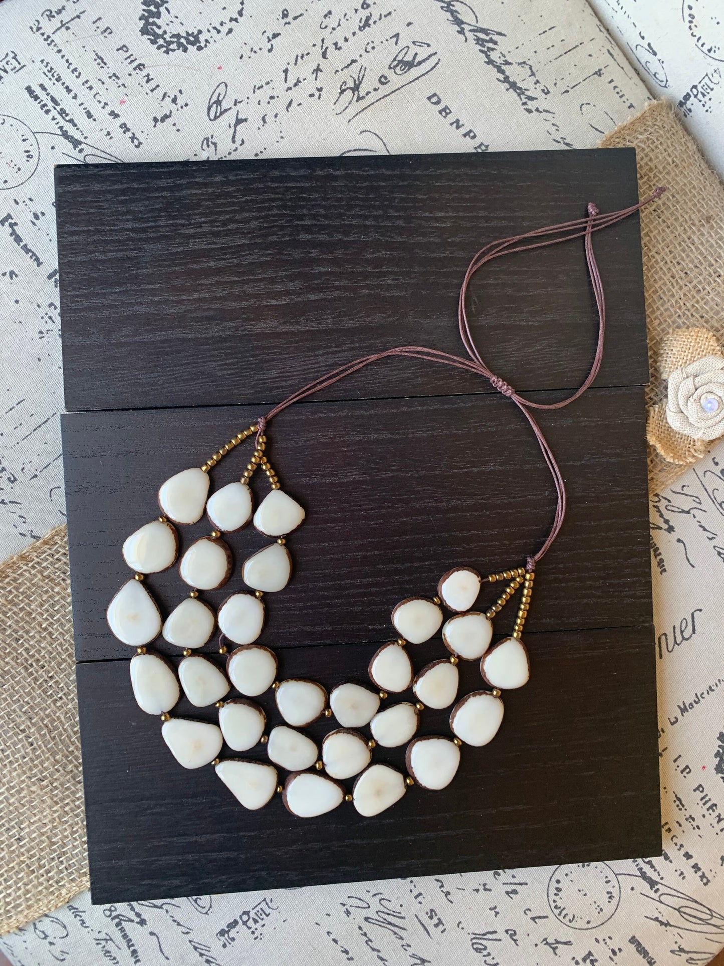 Ivory white fashion triple layer necklace Tagua jewelry 14 year wedding anniversary gift Big bold chunky necklace 3 strands adjustable
