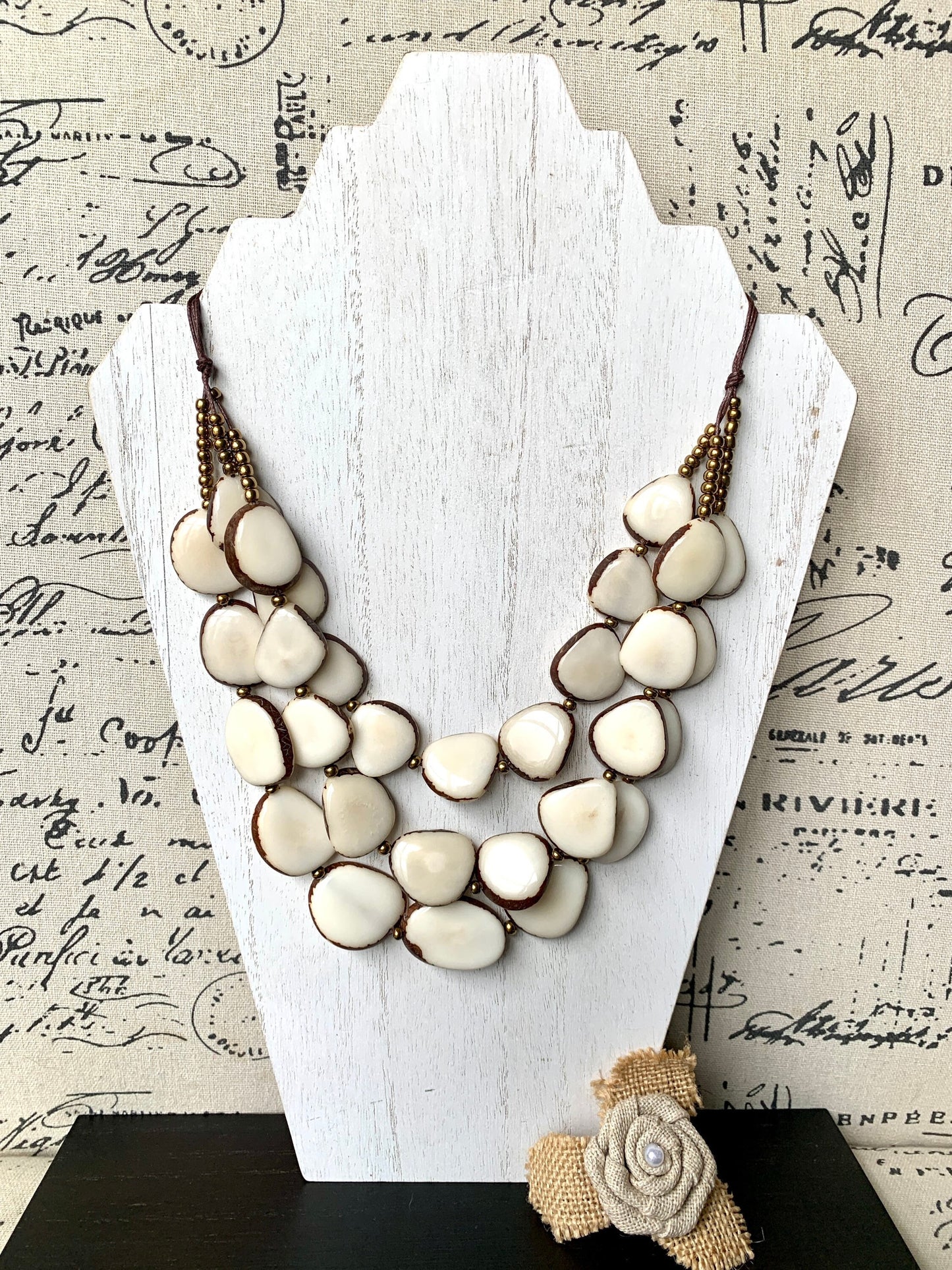 Ivory white fashion triple layer necklace Tagua jewelry 14 year wedding anniversary gift Big bold chunky necklace 3 strands adjustable