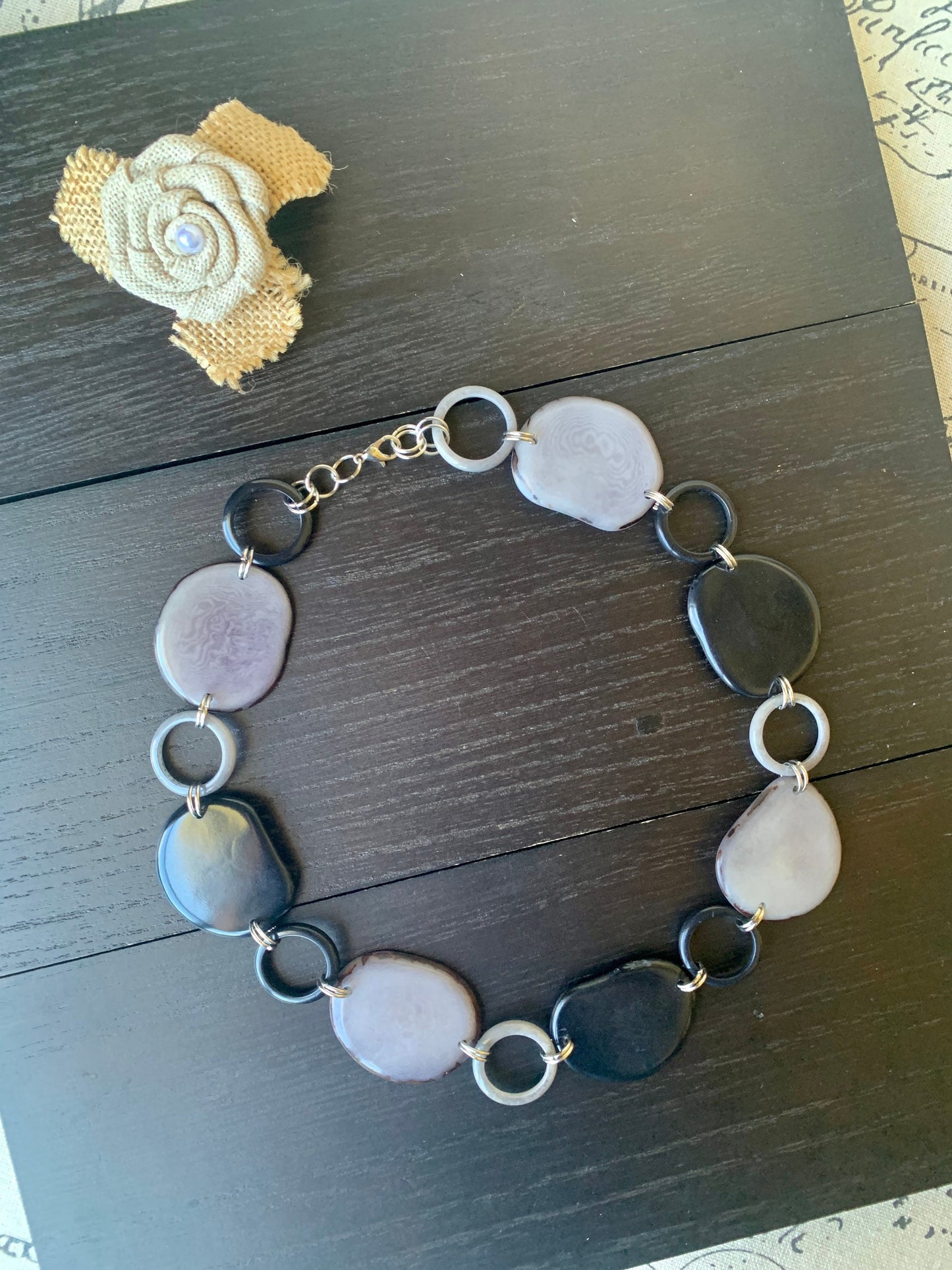 Black and gray Tagua necklace Statement lightweight jewelry Beach fashion trends Short fall necklace Made in Colombia Holidays fashion trend