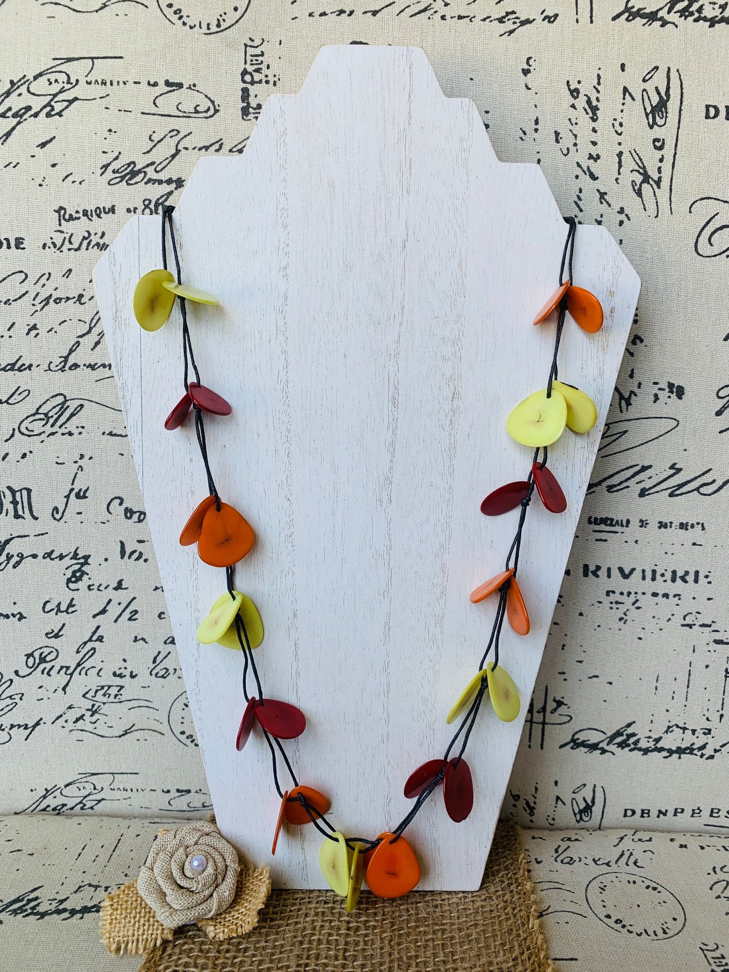 Red Orange Yellow adjustable Tagua necklace Lightweight fashion statement Fall trendy style Anniversary gifts Adjustable extra long collar