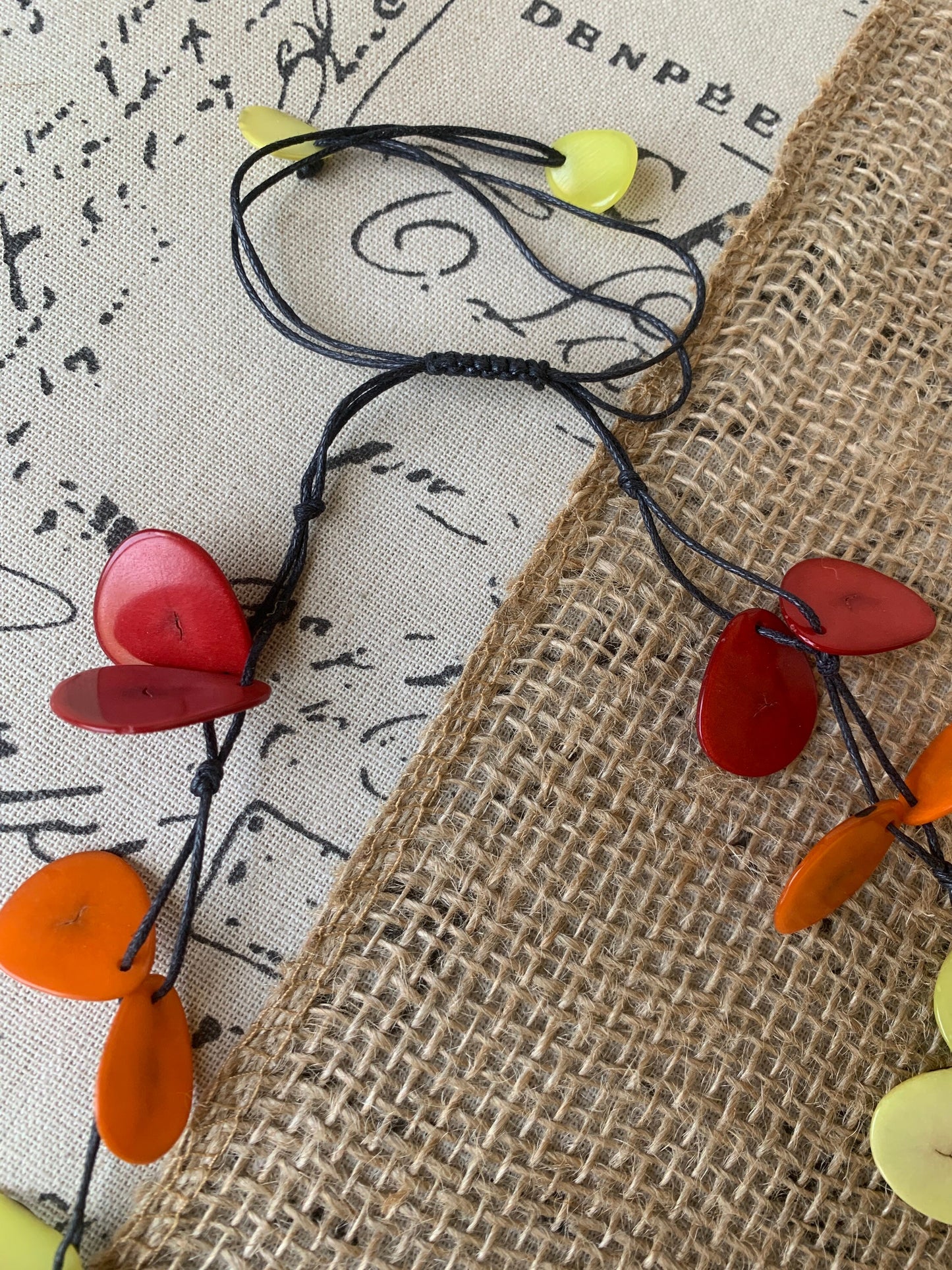 Red Orange Yellow adjustable Tagua necklace Lightweight fashion statement Fall trendy style Anniversary gifts Adjustable extra long collar