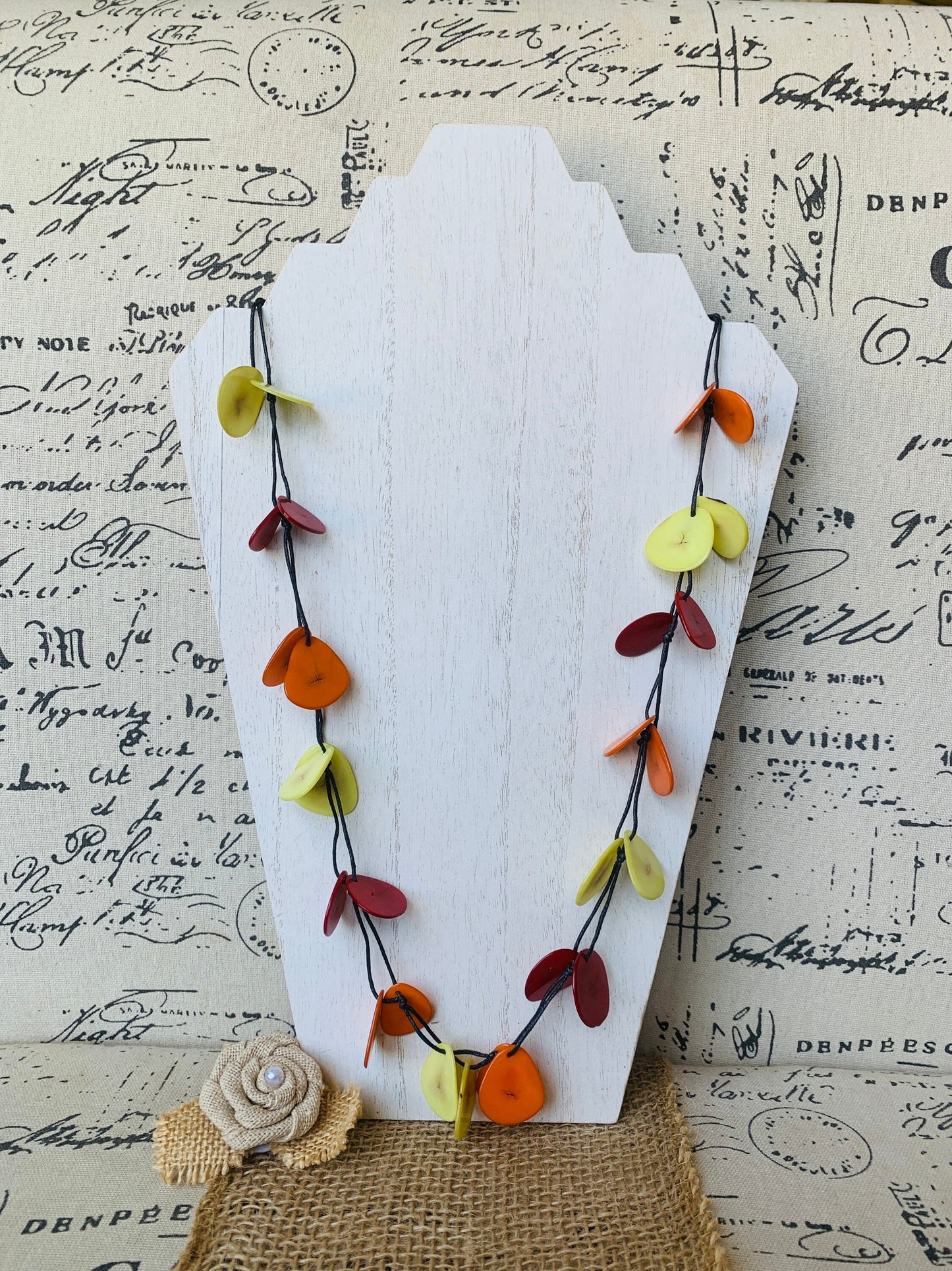 Red Orange Yellow adjustable Tagua necklace Lightweight fashion statement Fall trendy style Anniversary gifts Adjustable extra long collar