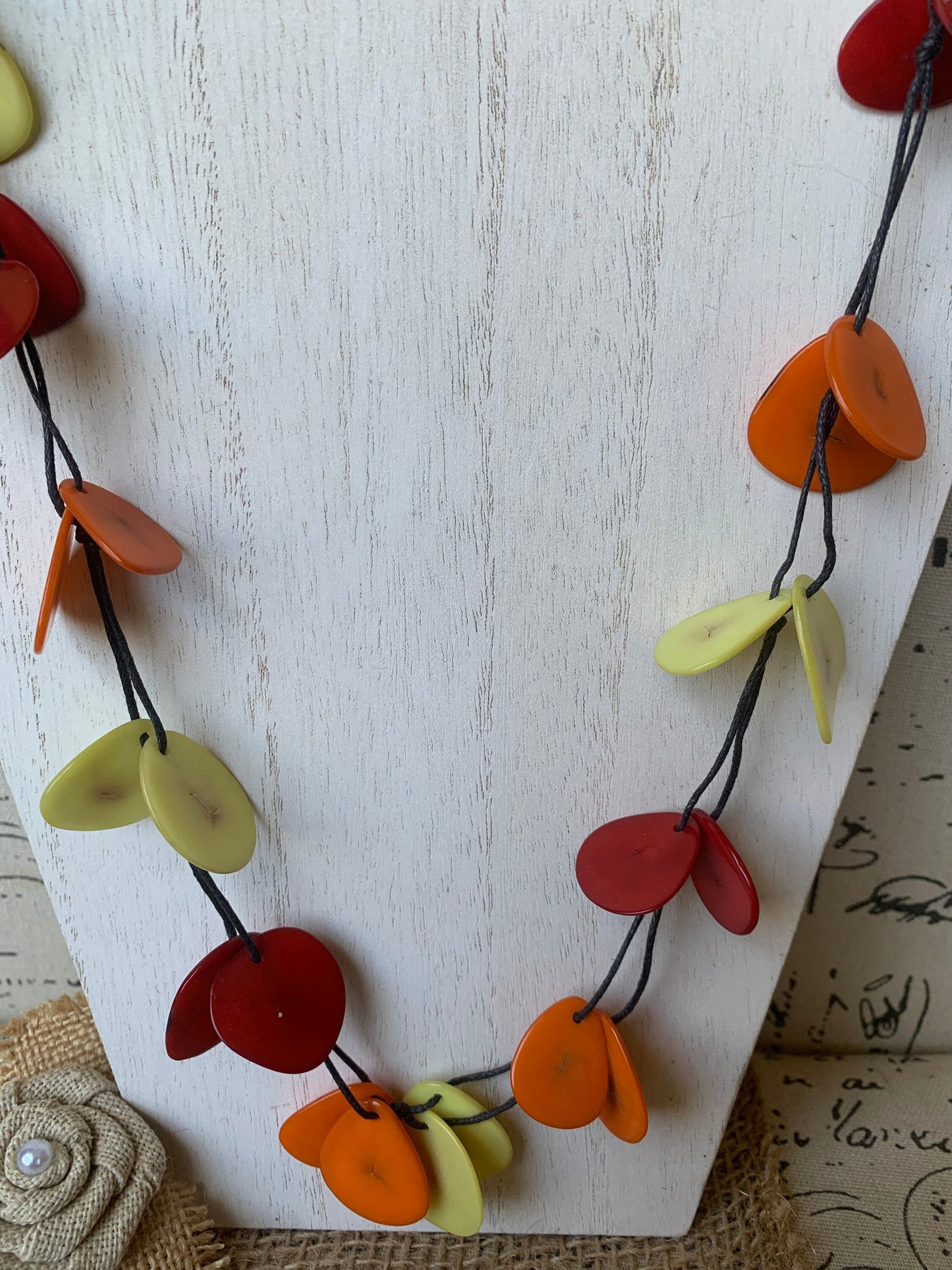 Red Orange Yellow adjustable Tagua necklace Lightweight fashion statement Fall trendy style Anniversary gifts Adjustable extra long collar