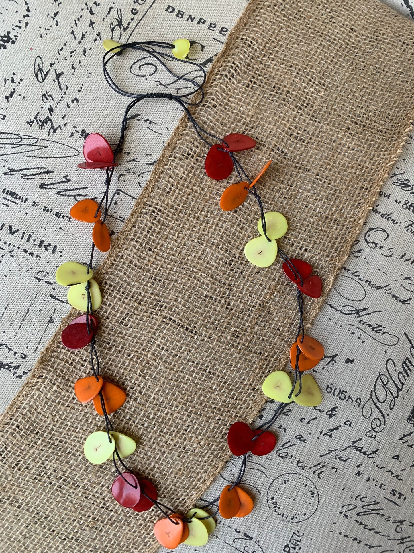 Red Orange Yellow adjustable Tagua necklace Lightweight fashion statement Fall trendy style Anniversary gifts Adjustable extra long collar