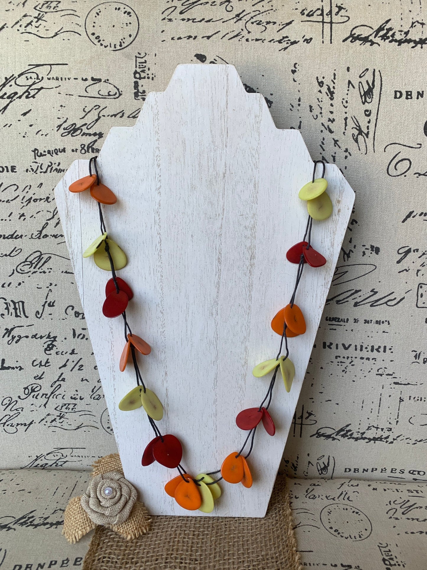 Red Orange Yellow adjustable Tagua necklace Lightweight fashion statement Fall trendy style Anniversary gifts Adjustable extra long collar