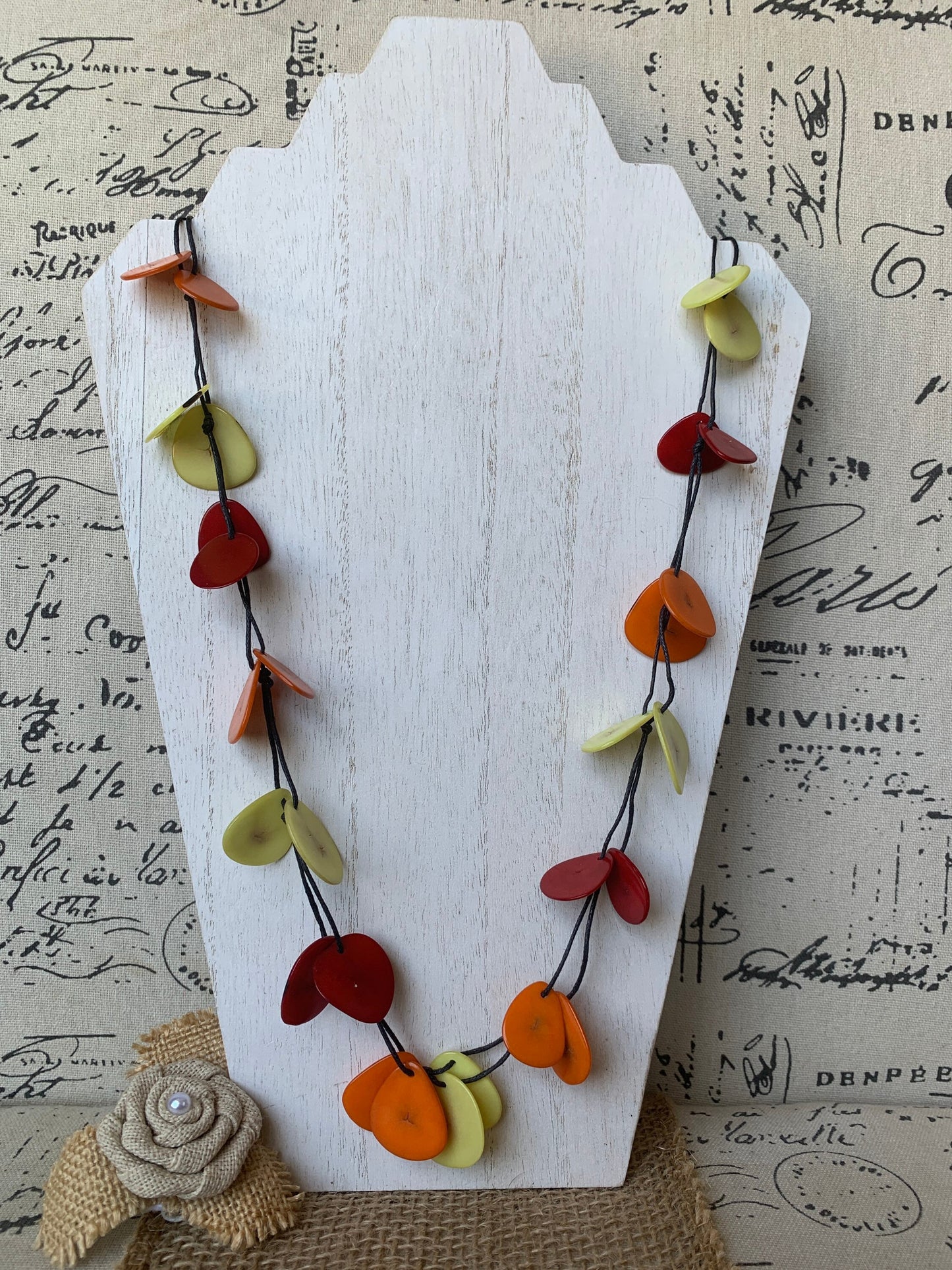 Red Orange Yellow adjustable Tagua necklace Lightweight fashion statement Fall trendy style Anniversary gifts Adjustable extra long collar