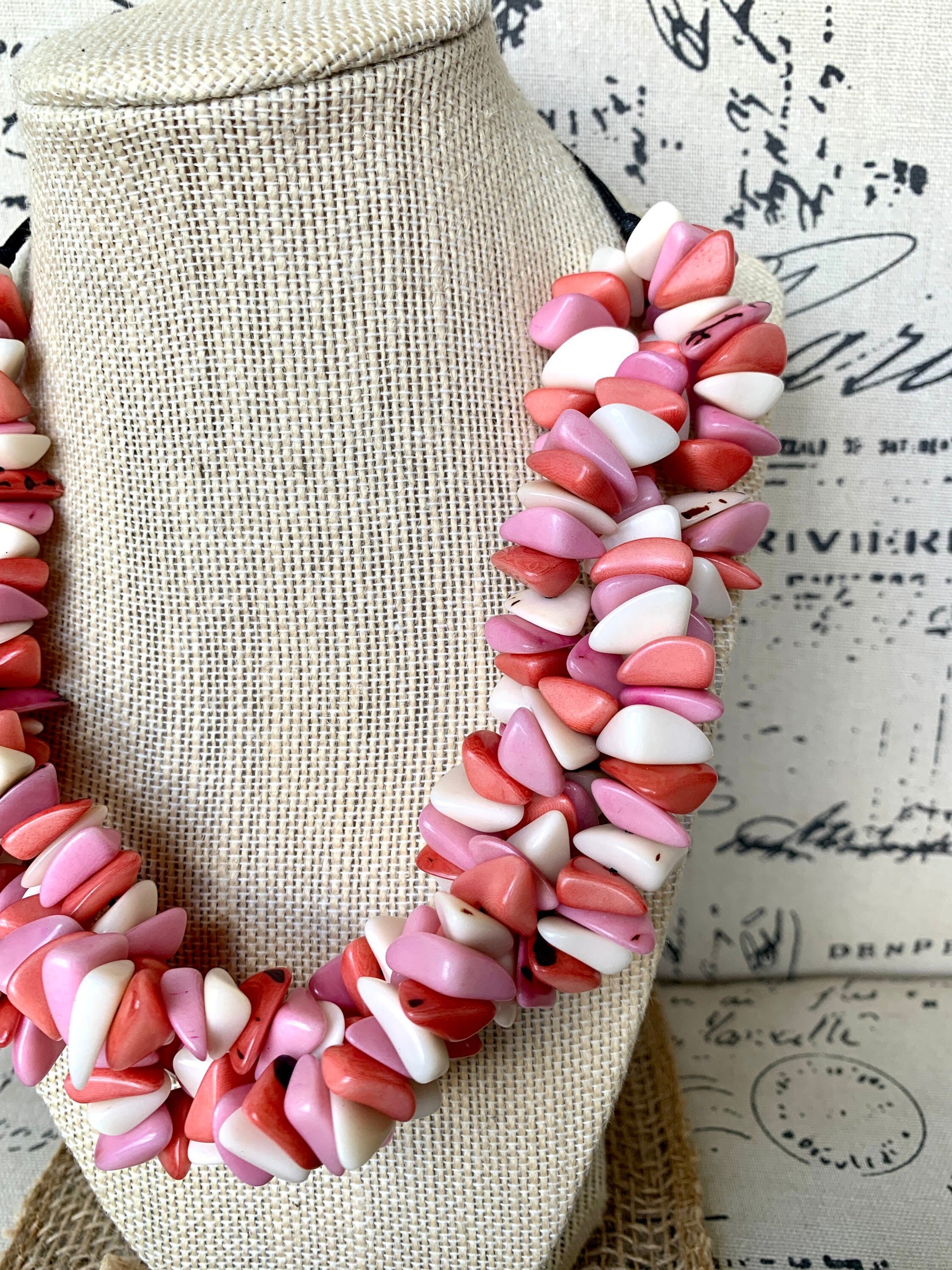 Pink and white big bold chunky necklace Tagua Necklace Long adjustable statement Summer trendy fashion Artisan made in Colombia Cruise wear