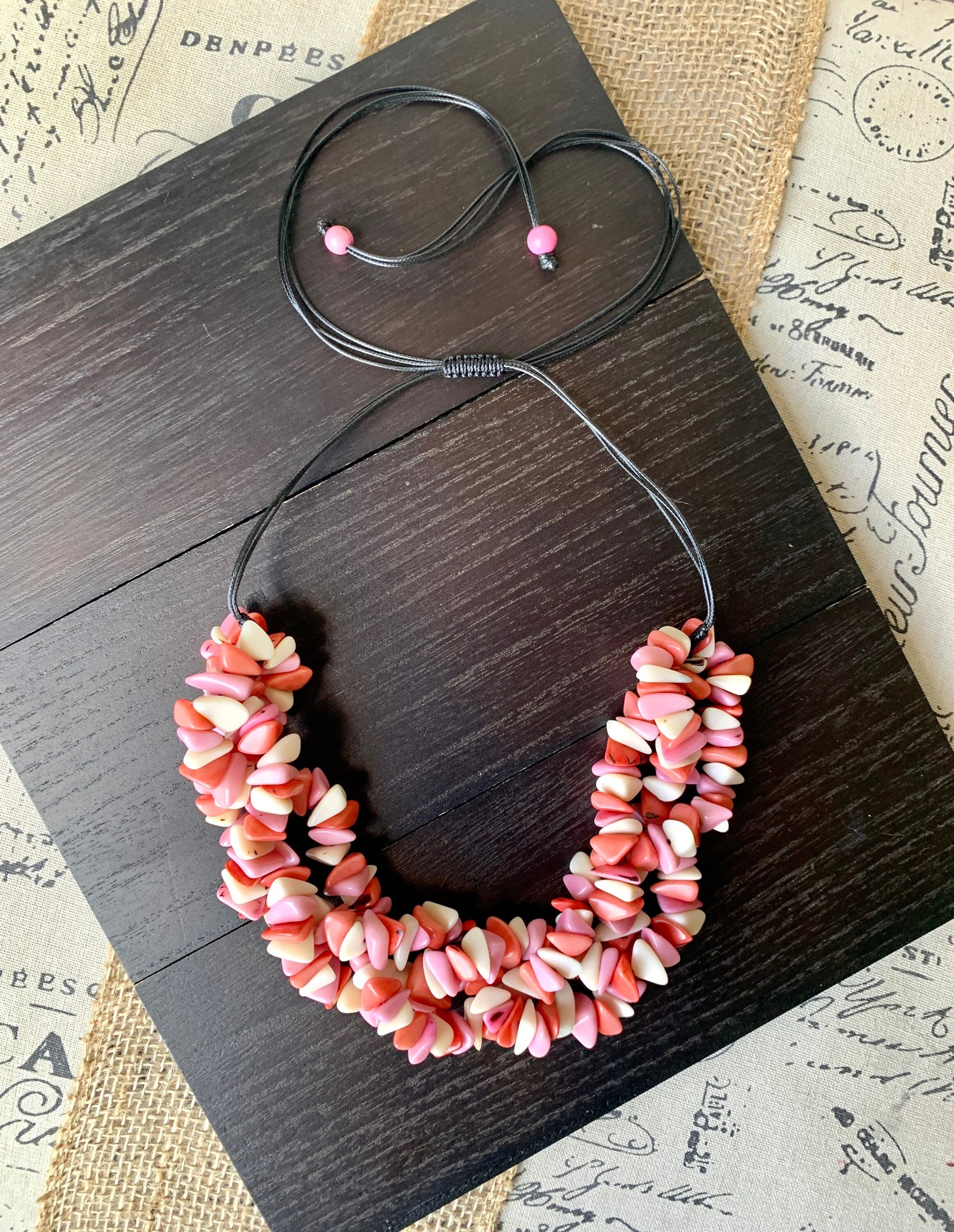 Pink and white big bold chunky necklace Tagua Necklace Long adjustable statement Summer trendy fashion Artisan made in Colombia Cruise wear