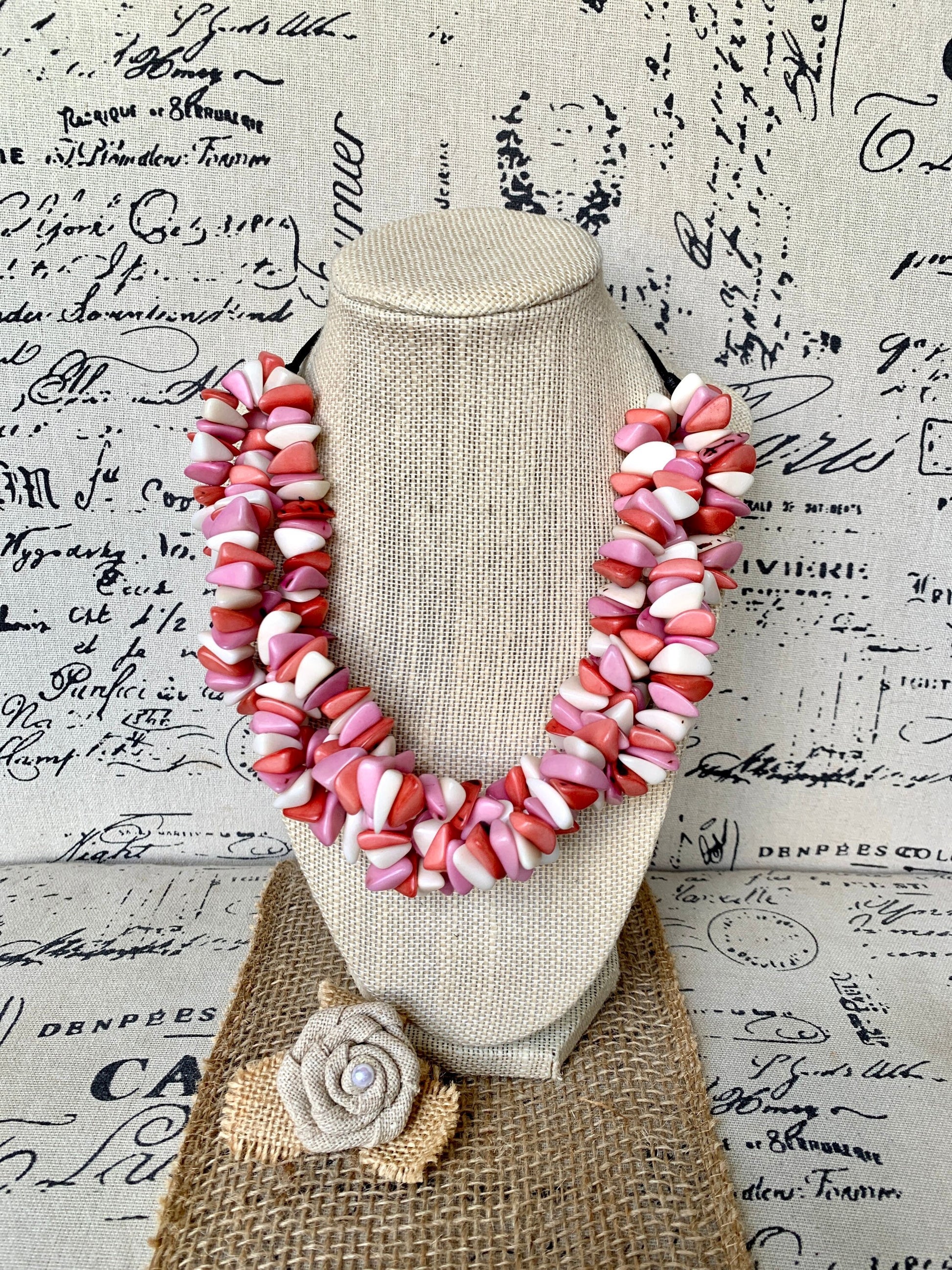 Pink and white big bold chunky necklace Tagua Necklace Long adjustable statement Summer trendy fashion Artisan made in Colombia Cruise wear