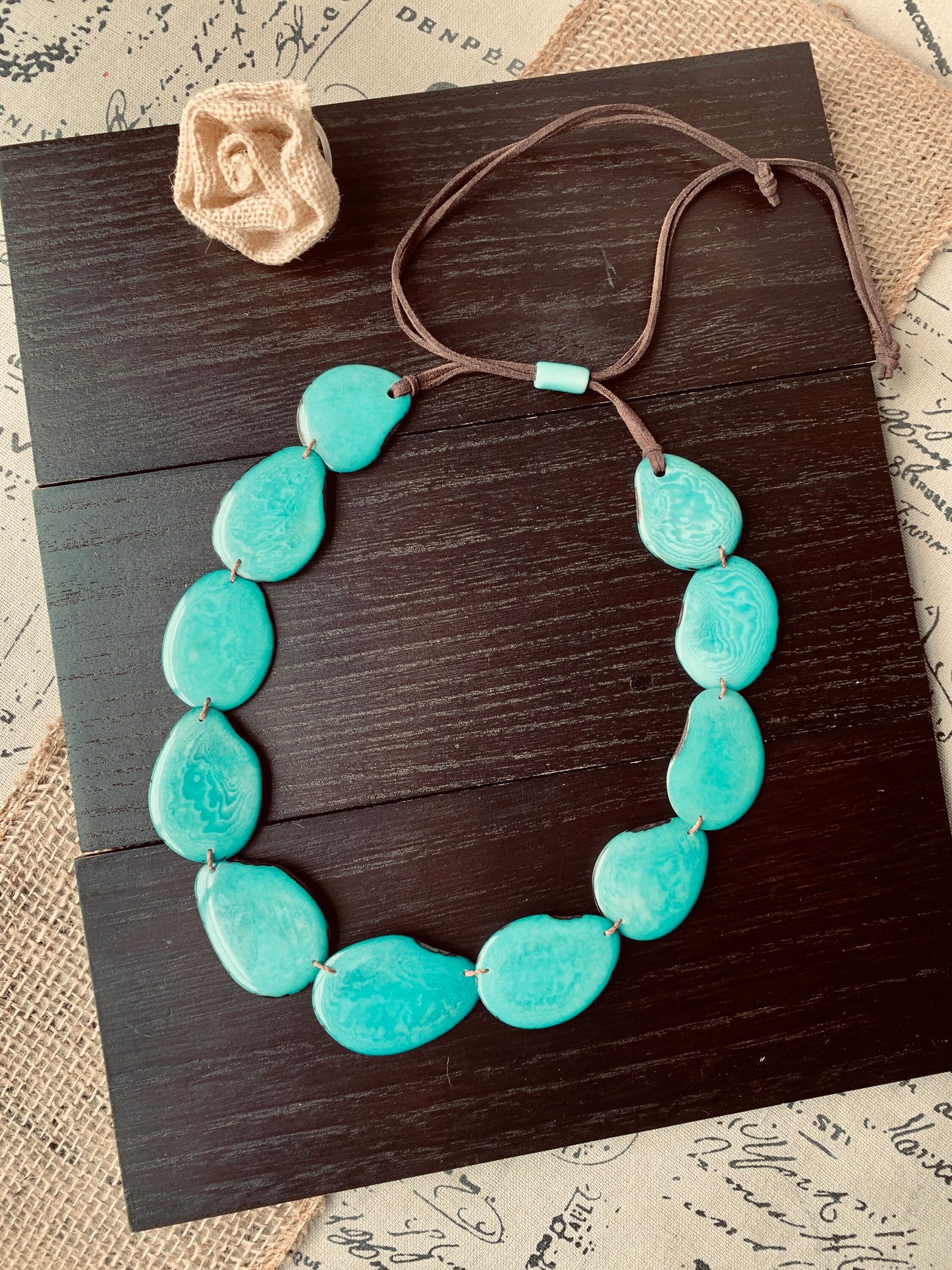 Turquoise green single strand statement necklace Tagua necklace Spring style One layer collar with adjustable leather strap Big oversized