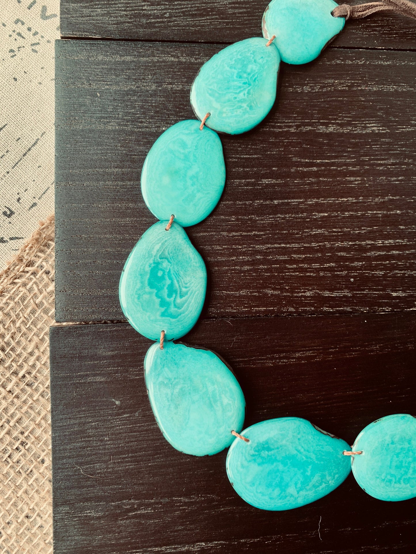 Turquoise green single strand statement necklace Tagua necklace Spring style One layer collar with adjustable leather strap Big oversized