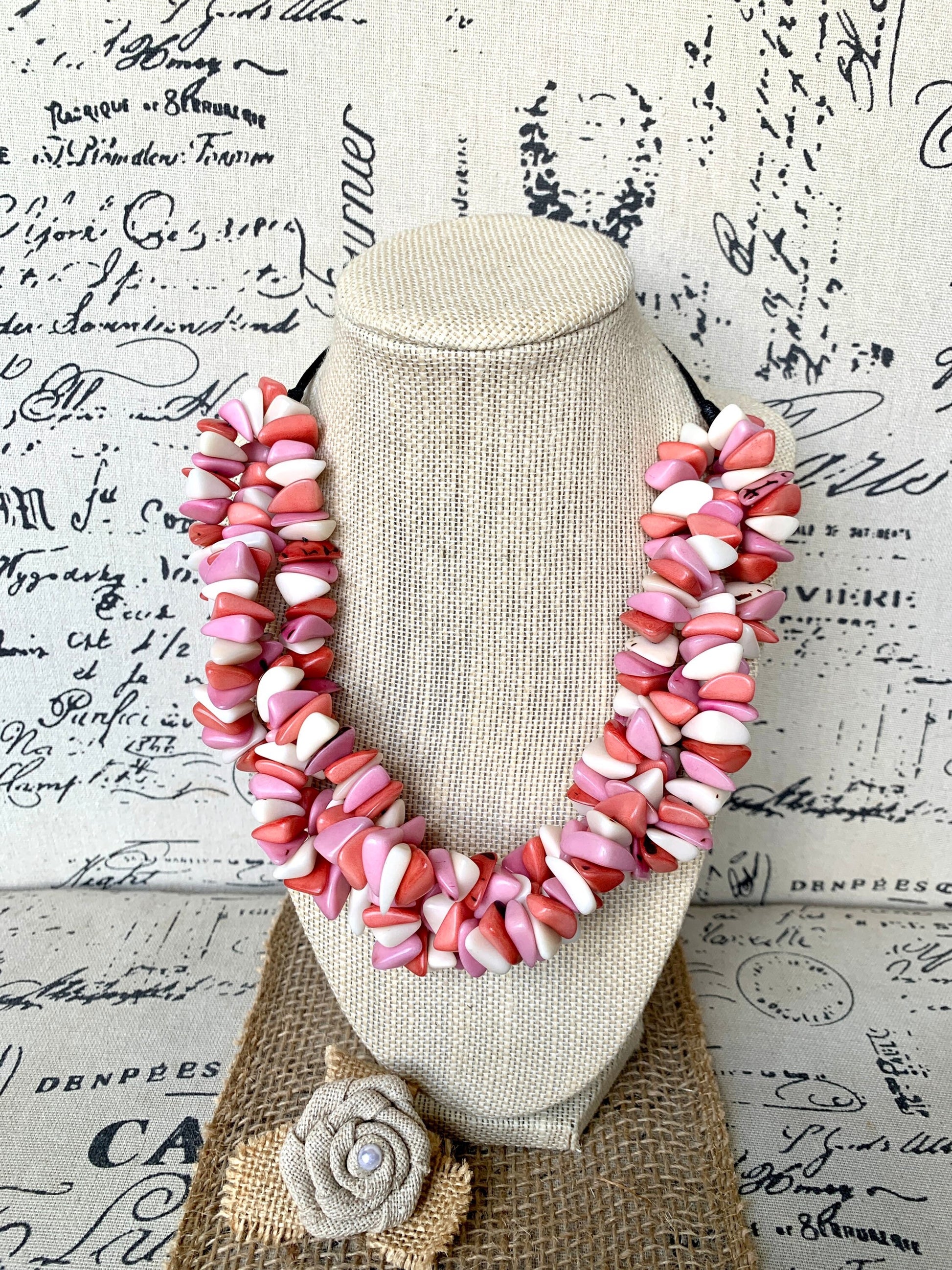 Pink and white big bold chunky necklace Tagua Necklace Long adjustable statement Summer trendy fashion Artisan made in Colombia Cruise wear