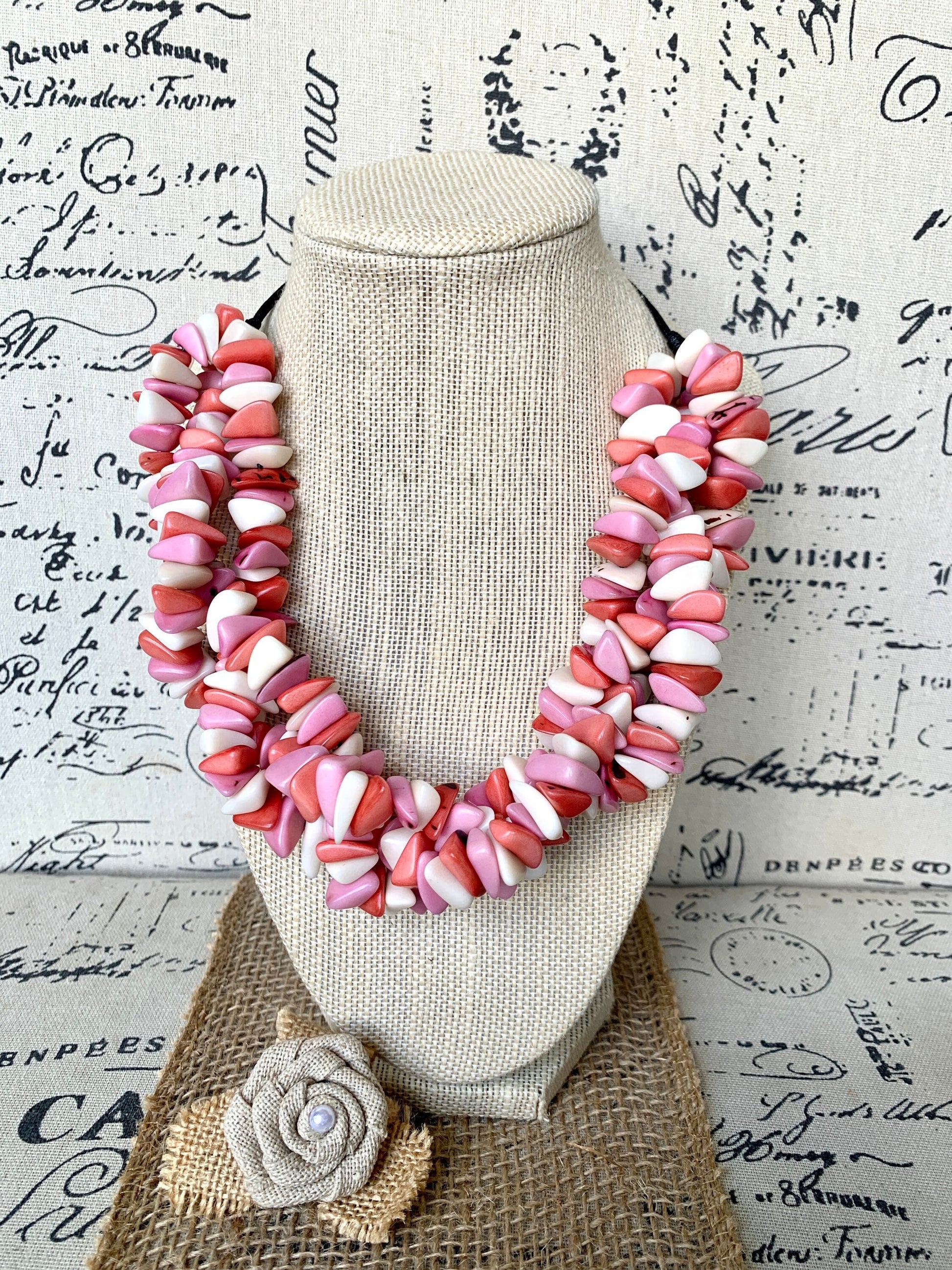 Pink and white big bold chunky necklace Tagua Necklace Long adjustable statement Summer trendy fashion Artisan made in Colombia Cruise wear
