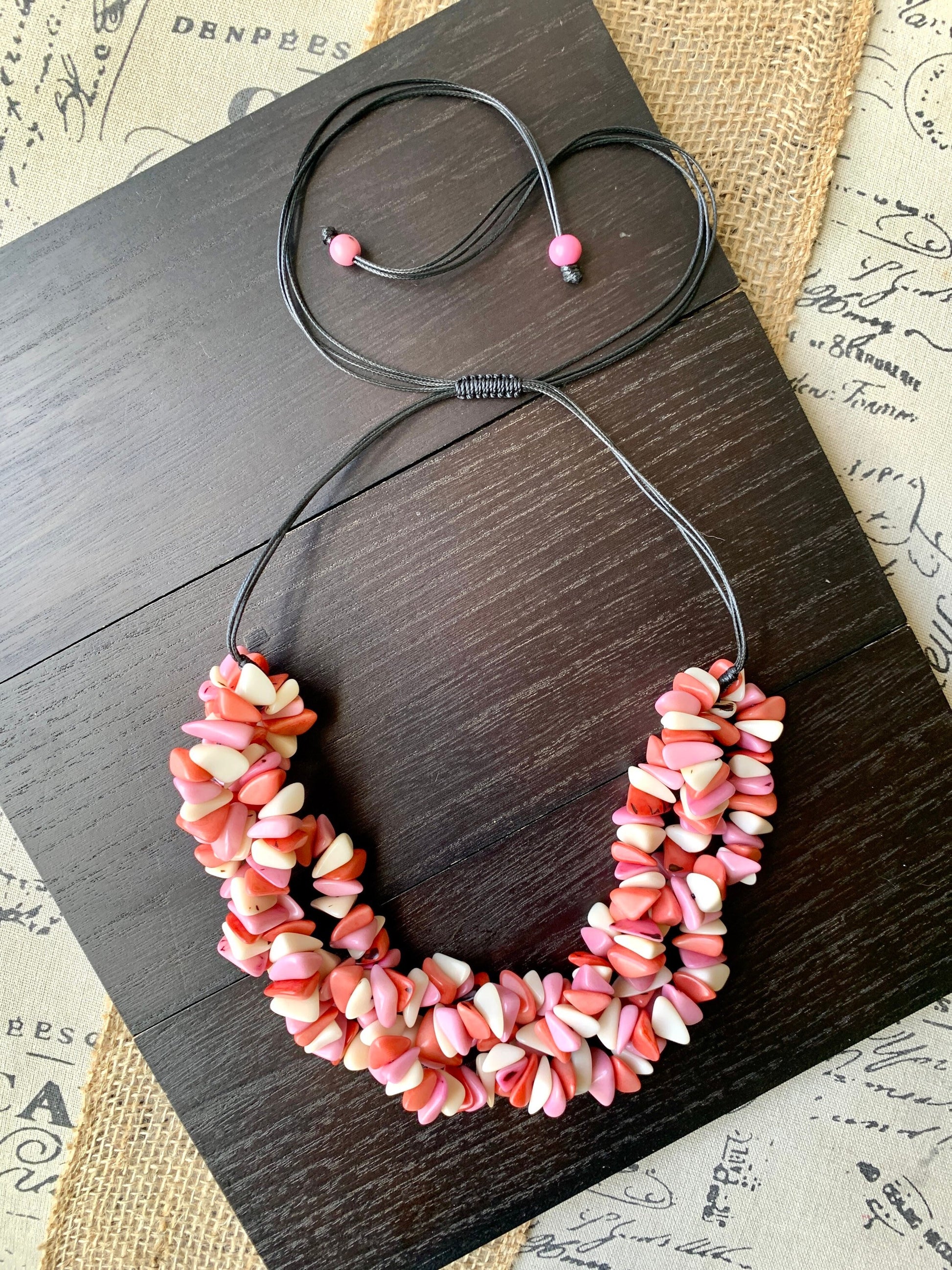 Pink and white big bold chunky necklace Tagua Necklace Long adjustable statement Summer trendy fashion Artisan made in Colombia Cruise wear