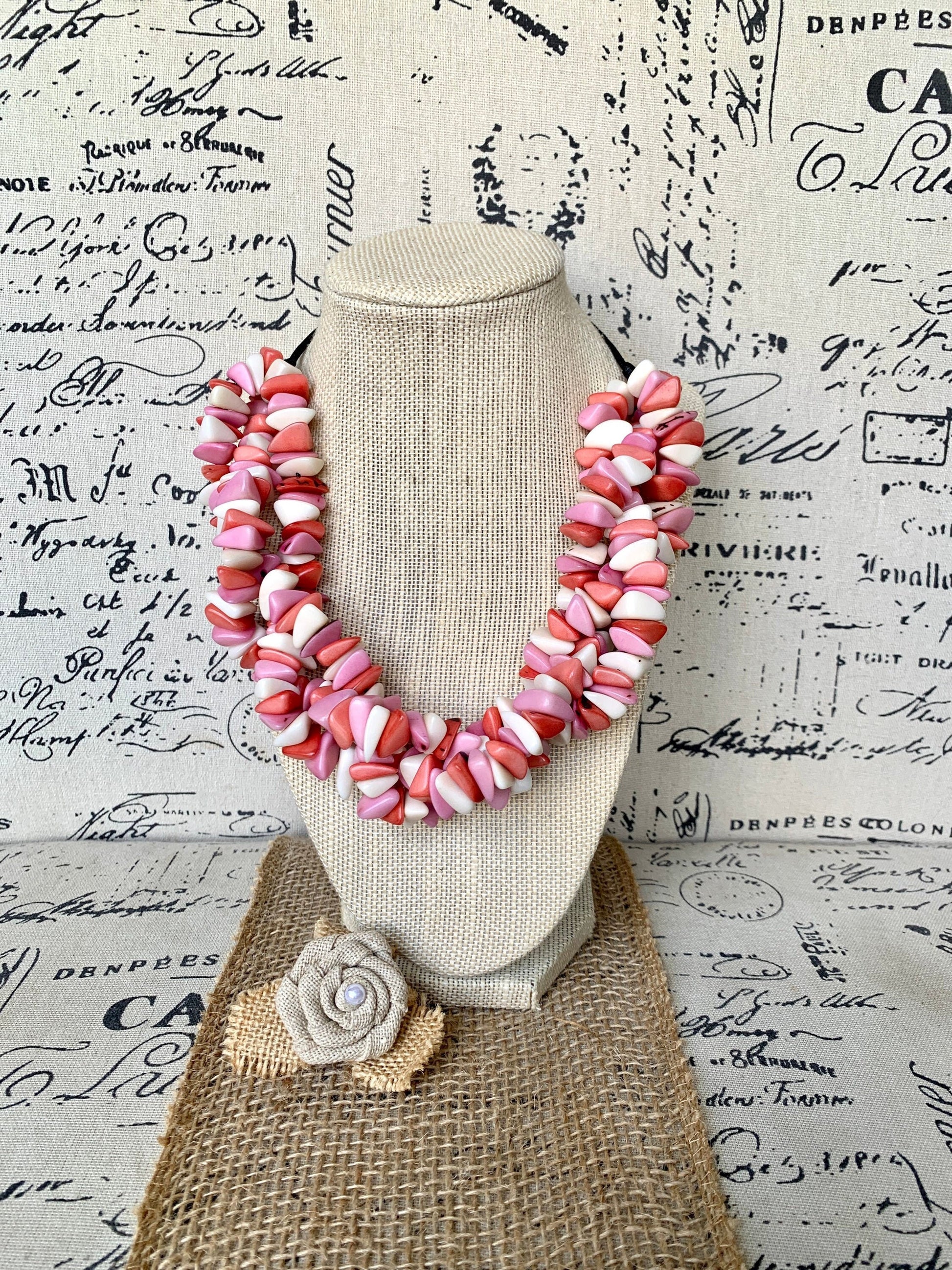 Pink and white big bold chunky necklace Tagua Necklace Long adjustable statement Summer trendy fashion Artisan made in Colombia Cruise wear