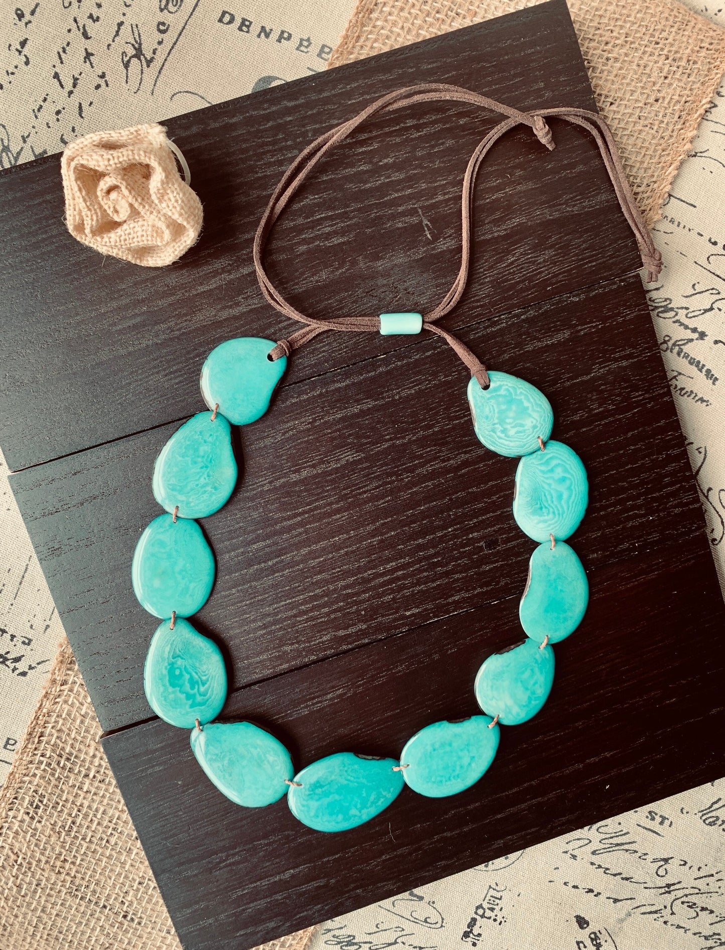 Turquoise green single strand statement necklace Tagua necklace Spring style One layer collar with adjustable leather strap Big oversized