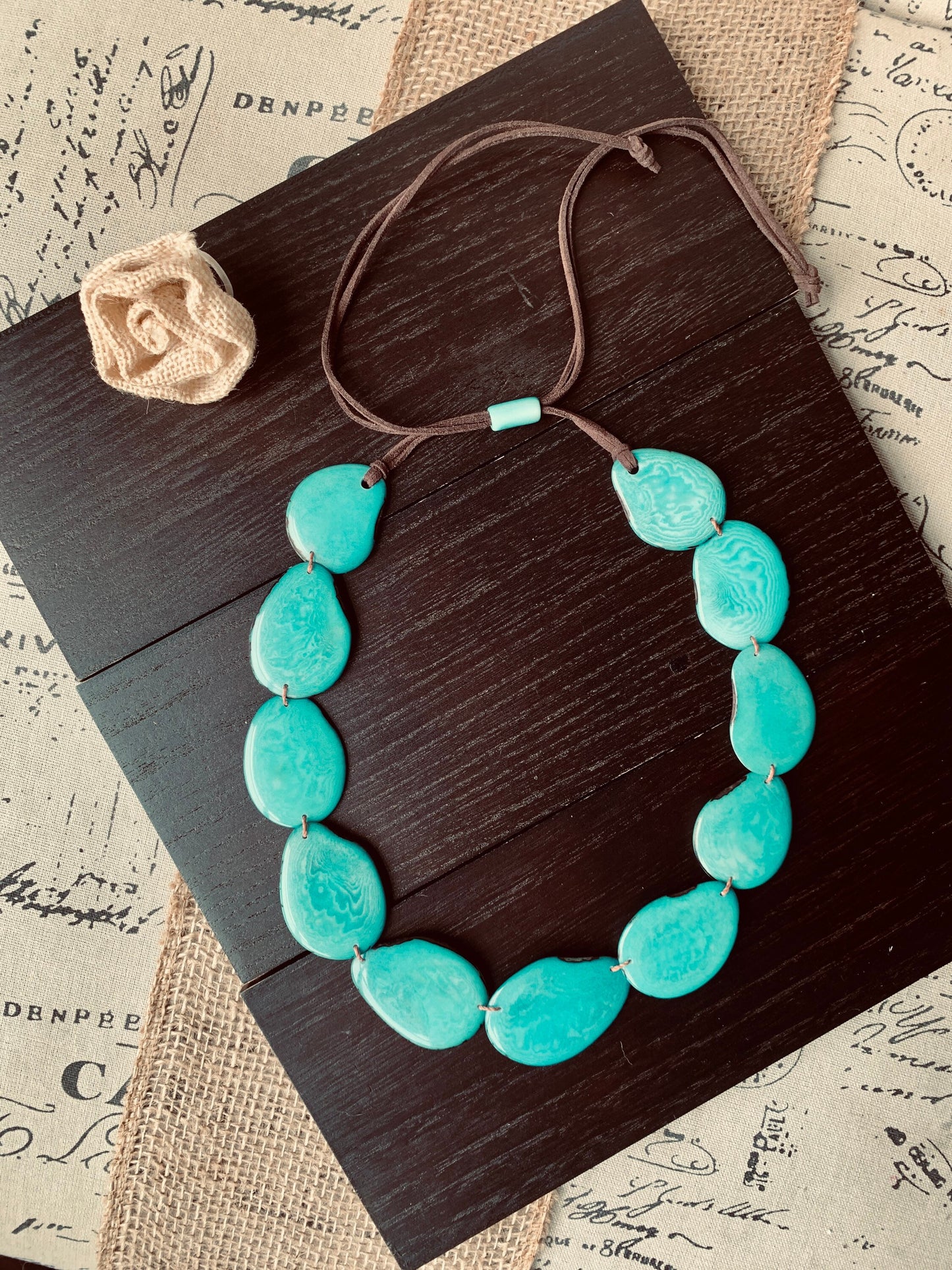Turquoise green single strand statement necklace Tagua necklace Spring style One layer collar with adjustable leather strap Big oversized