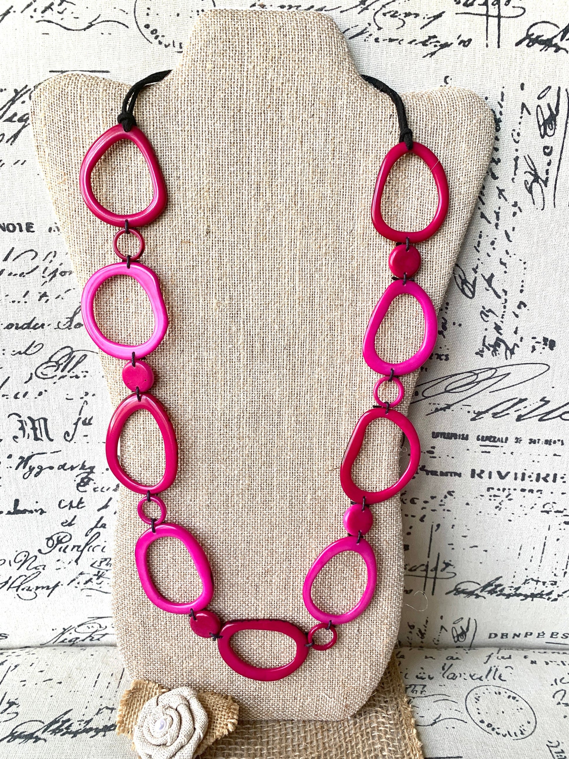 Pink tagua necklace Statement geometric jewelry Mothers Day gifts Handmade donut shape beads Anniversary gift Spring trendy fashion