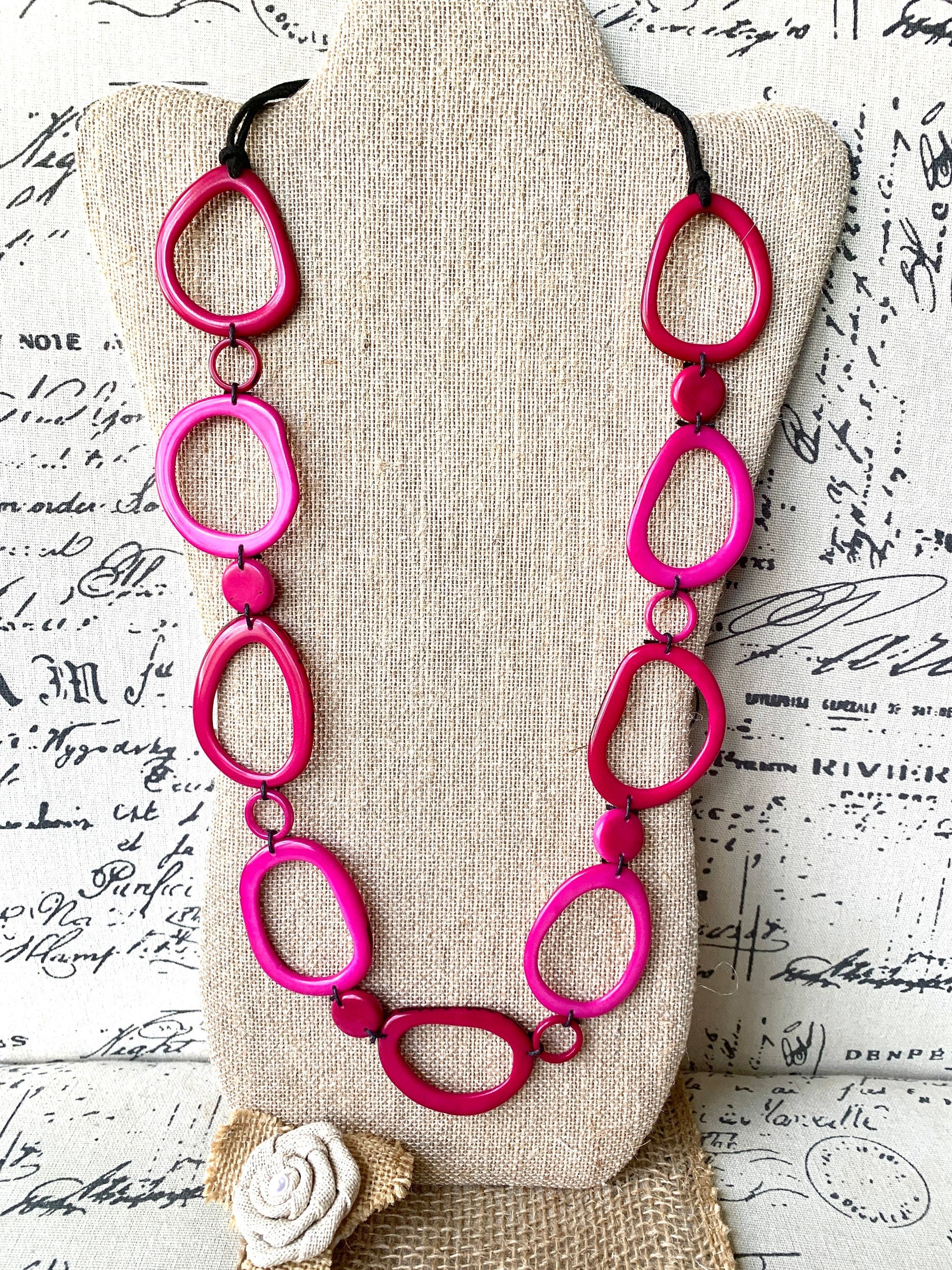 Pink tagua necklace Statement geometric jewelry Mothers Day gifts Handmade donut shape beads Anniversary gift Spring trendy fashion