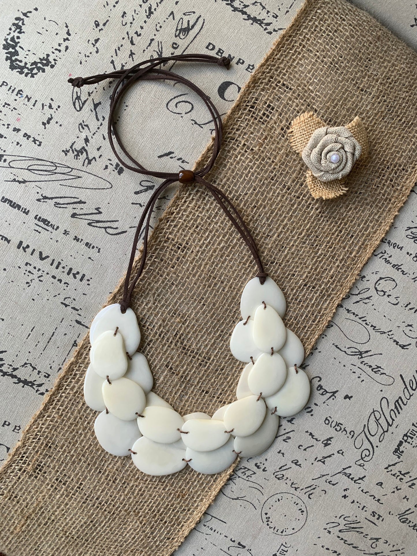 Ivory white layered statement tagua necklace 14 year Ivory anniversary gift for wife Beaded necklace with leather strap Big bold chunky bib